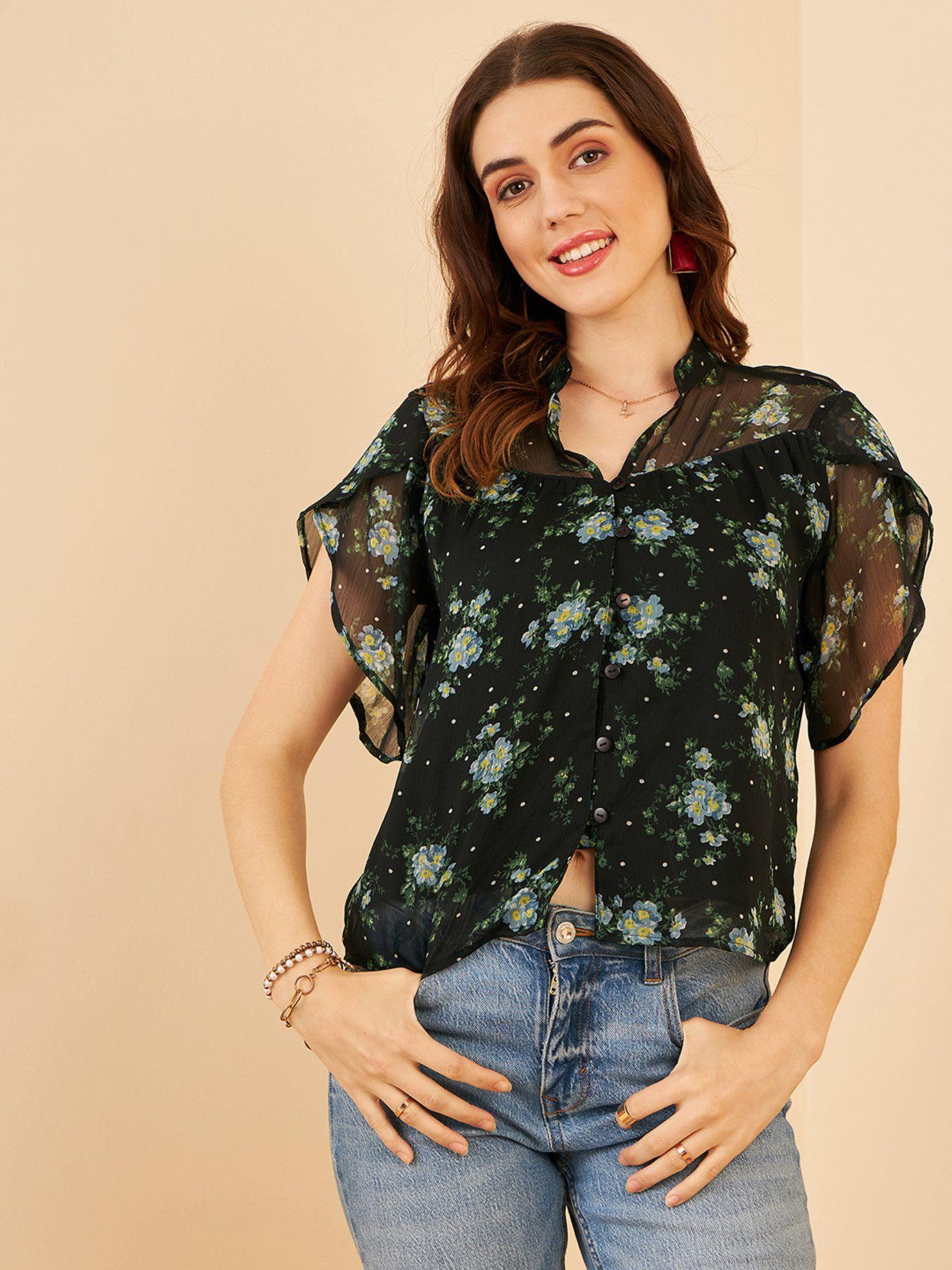 women casual black colour mandarin neck floral regular top