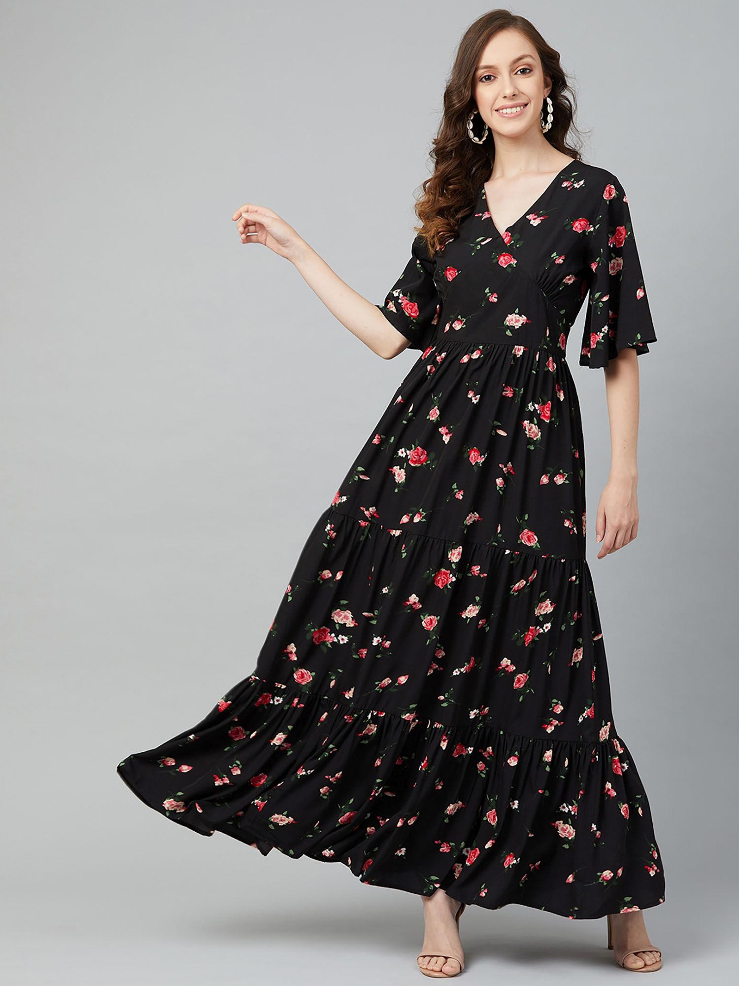women casual black colour maxi floral dress