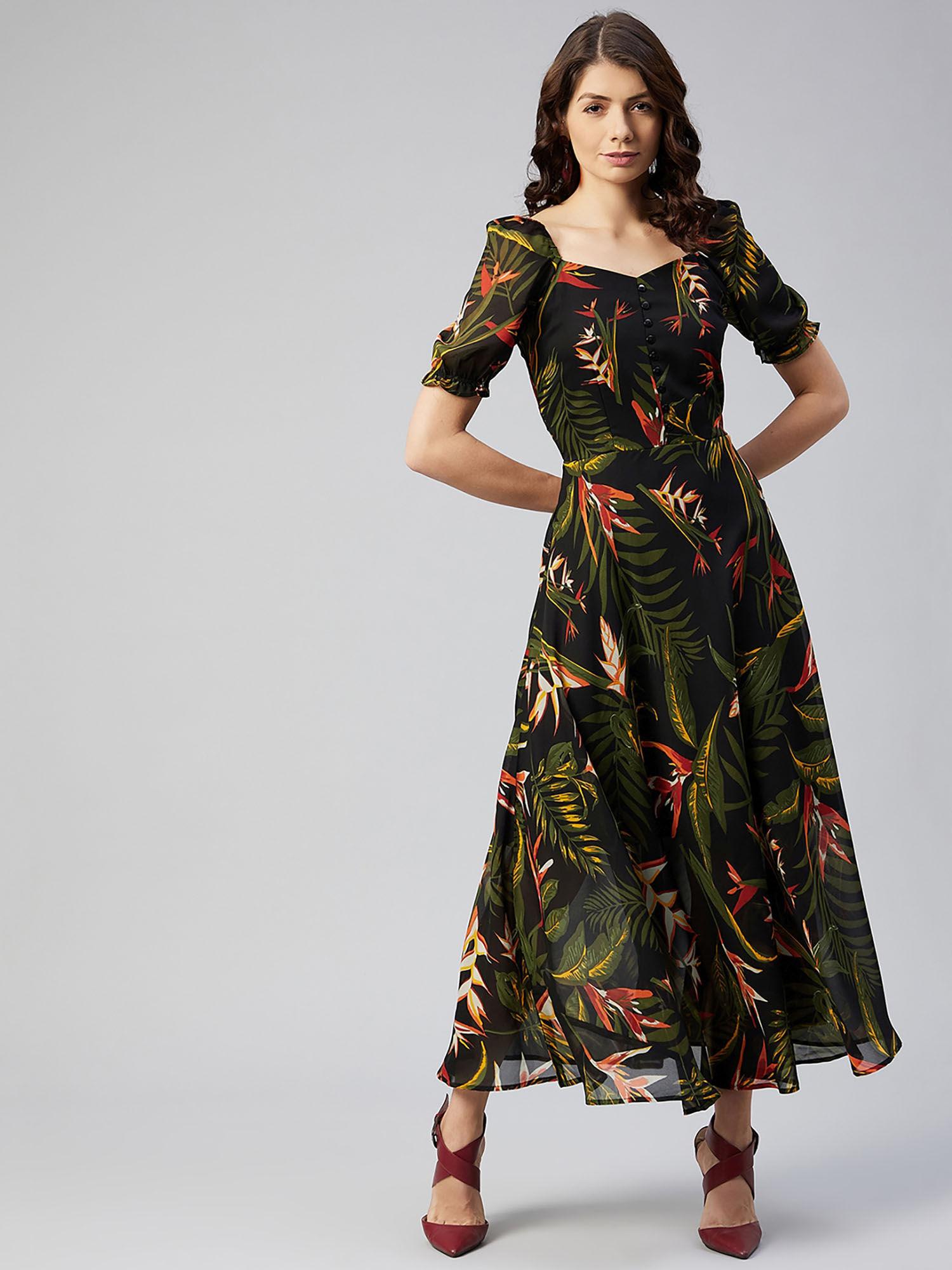 women casual black colour maxi floral print dress