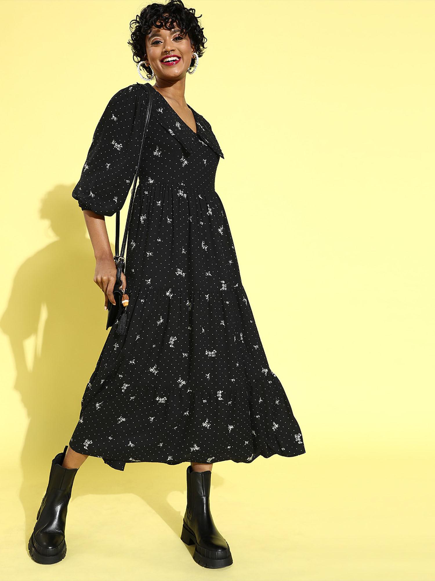 women casual black colour midi floral dress