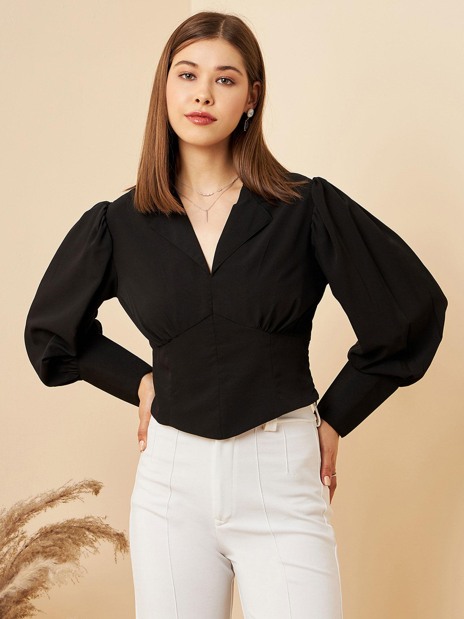 women casual black colour notched lapel solid regular top