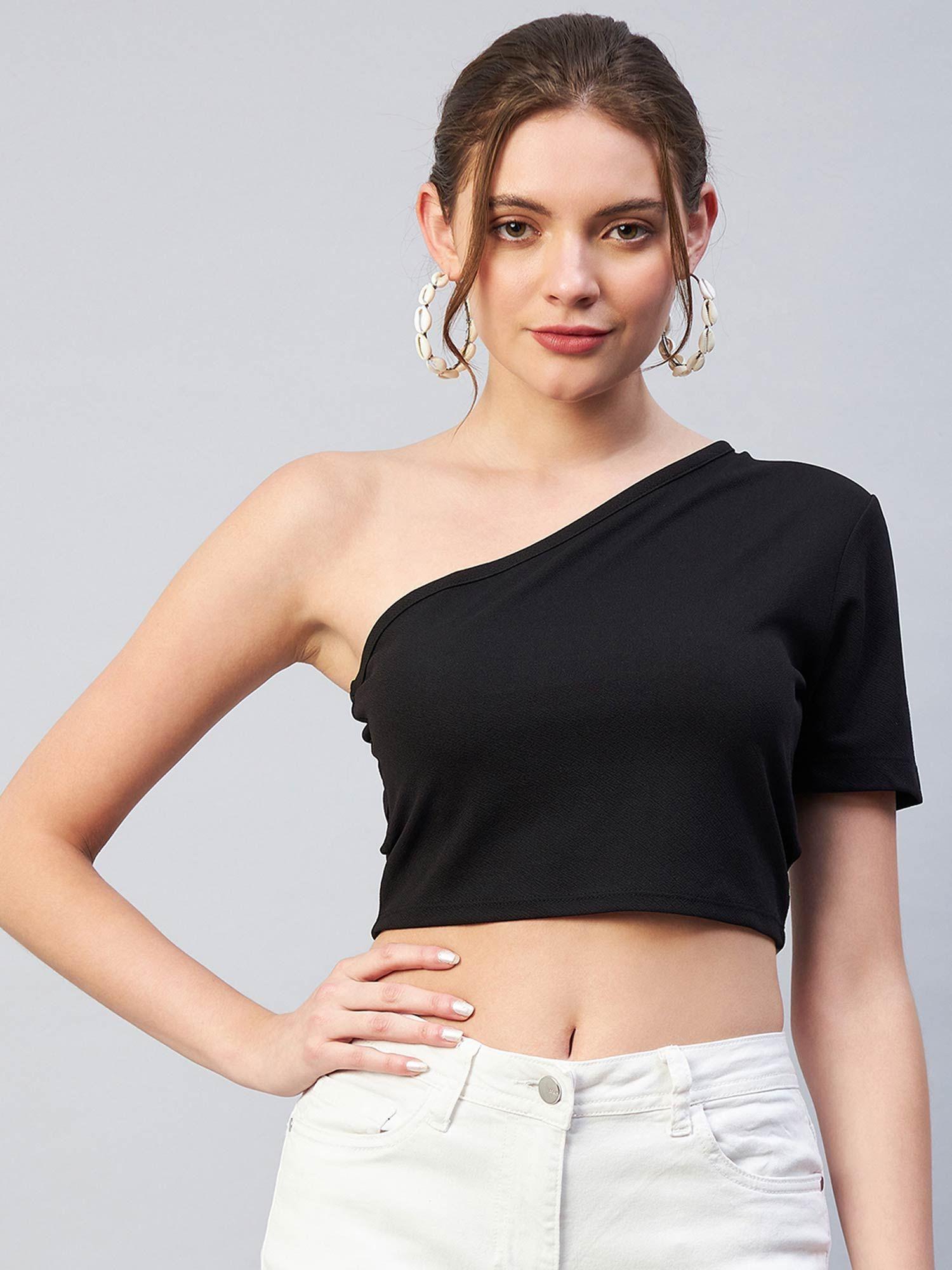 women casual black colour one shoulder solid fitted top