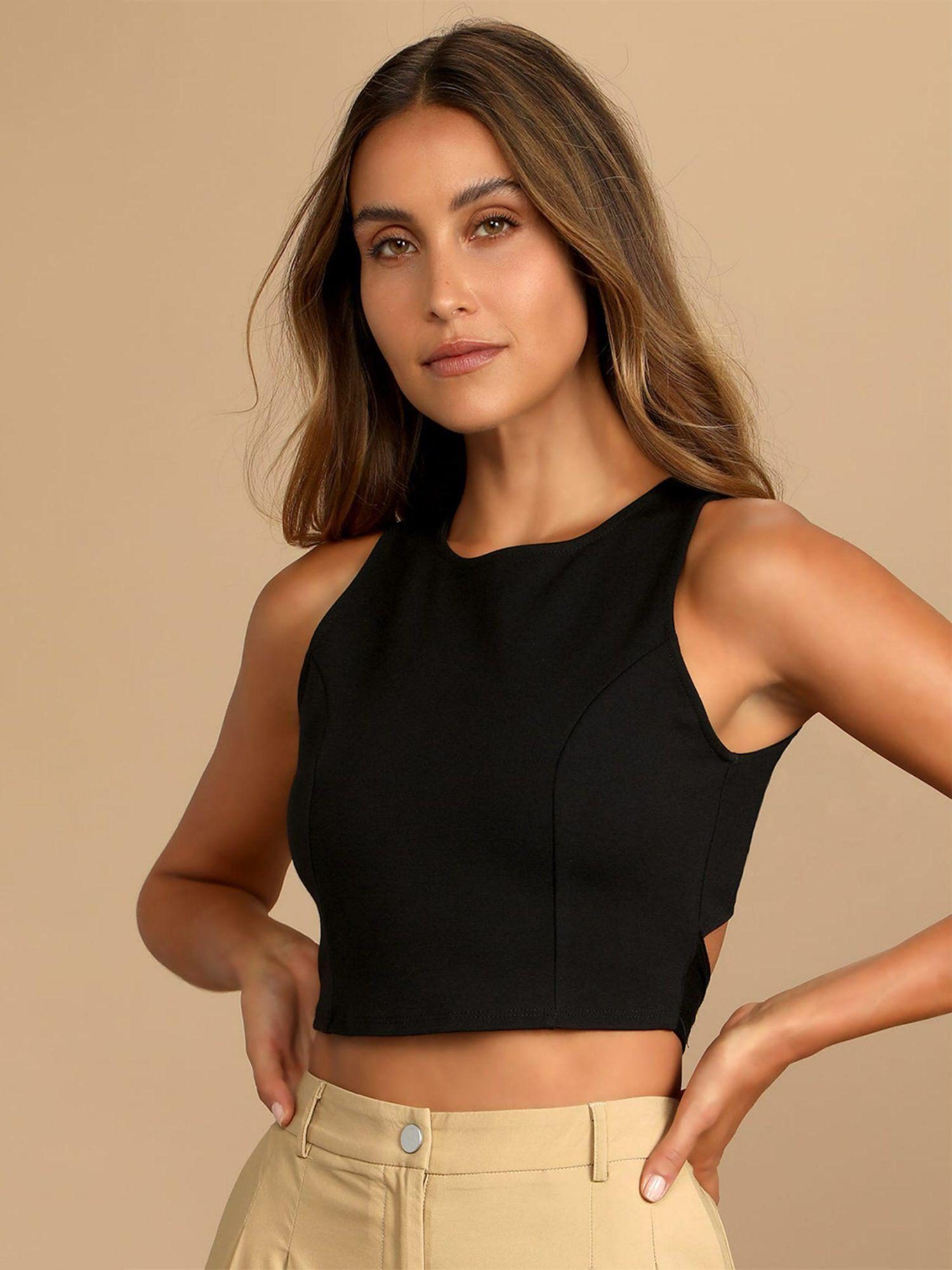 women casual black colour round neck solid crop top