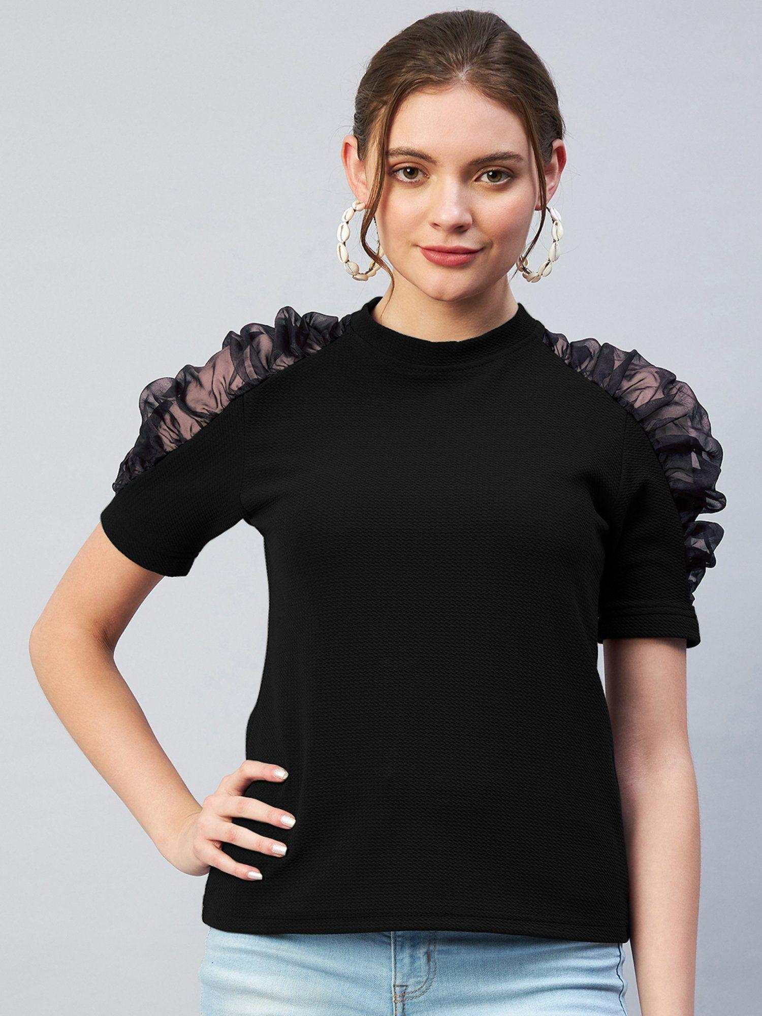 women casual black colour round neck solid regular top