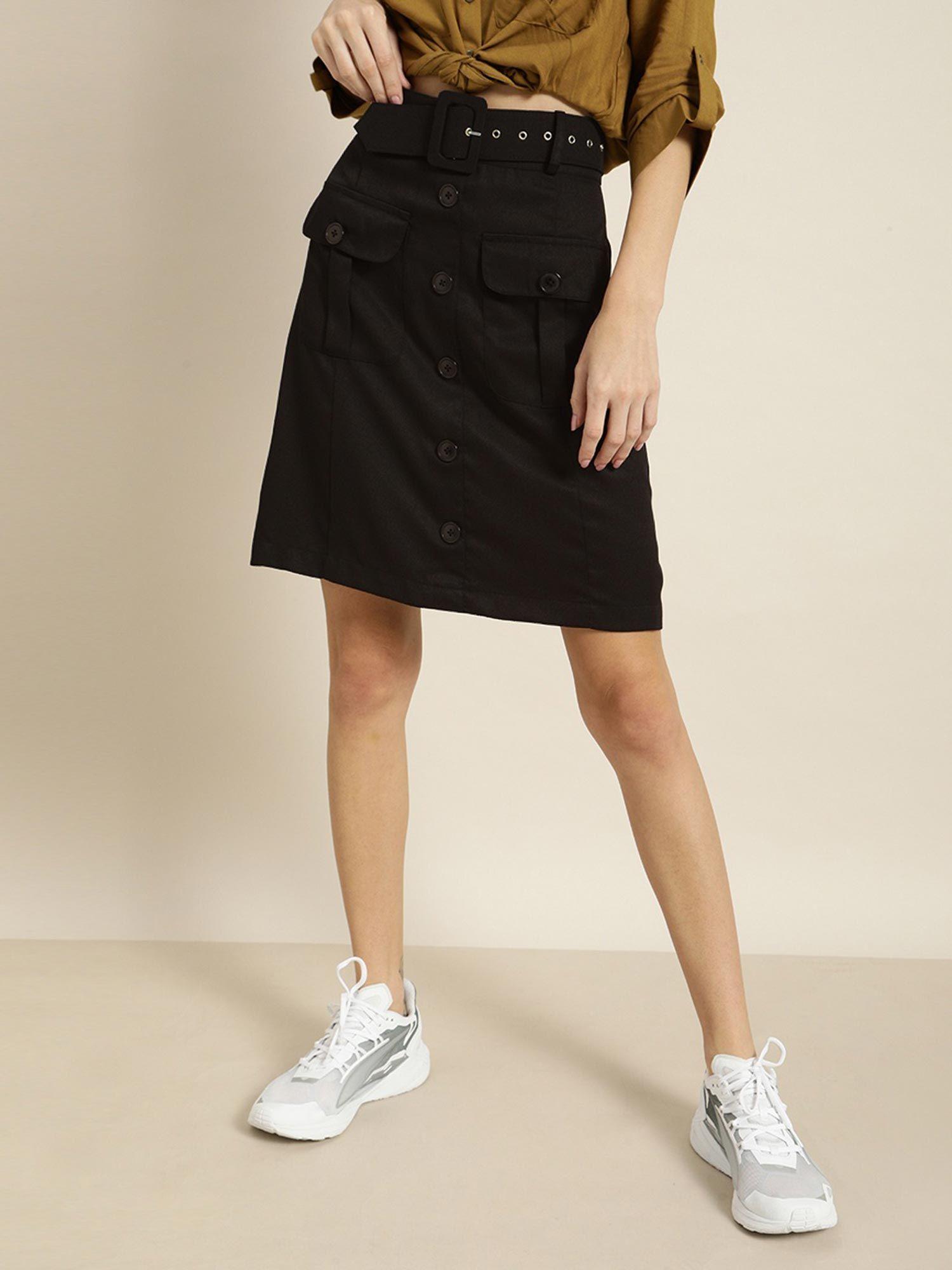 women casual black colour solid a-line skirt