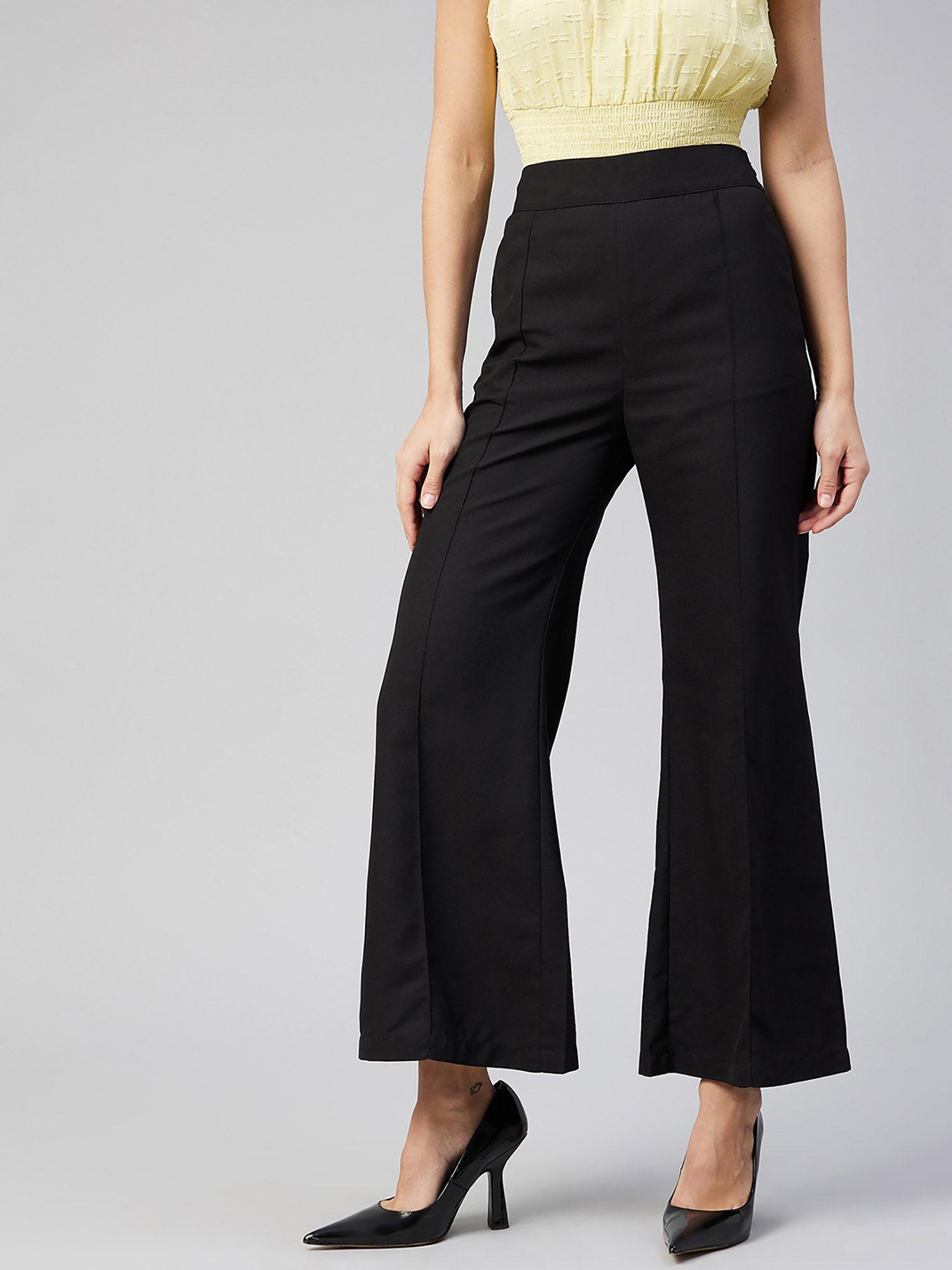 women casual black colour solid high waist regular trousers