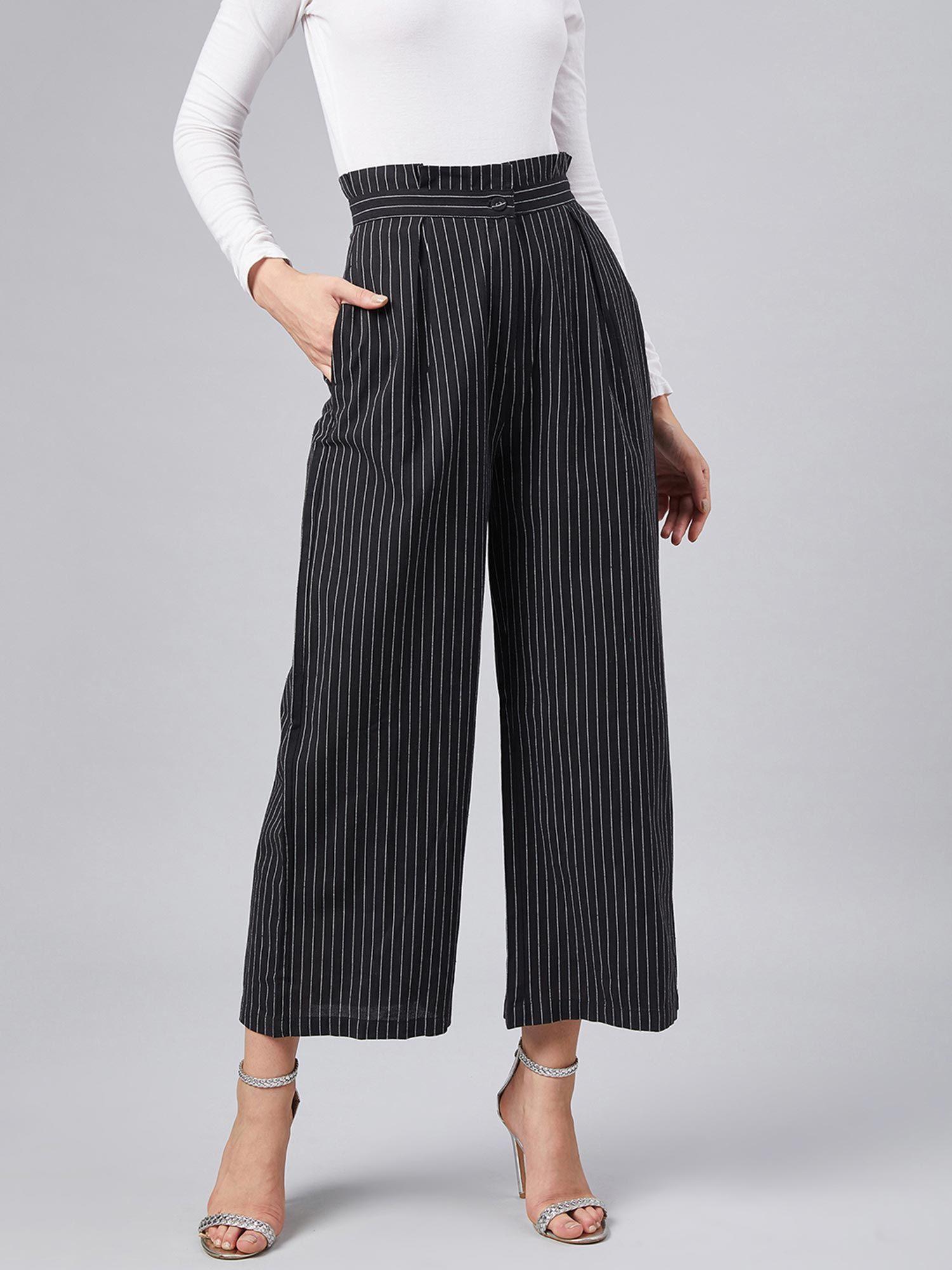 women casual black colour striped regular trousers