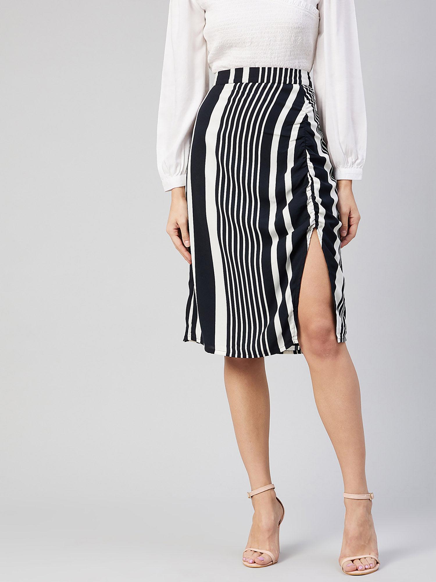 women casual black colour striped straight skirt