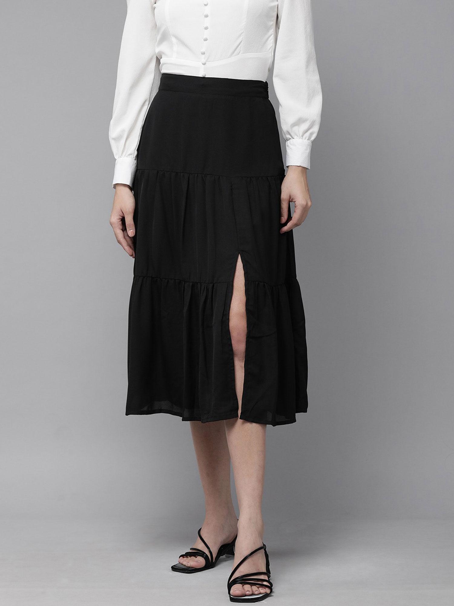 women casual black front slit midi skirt