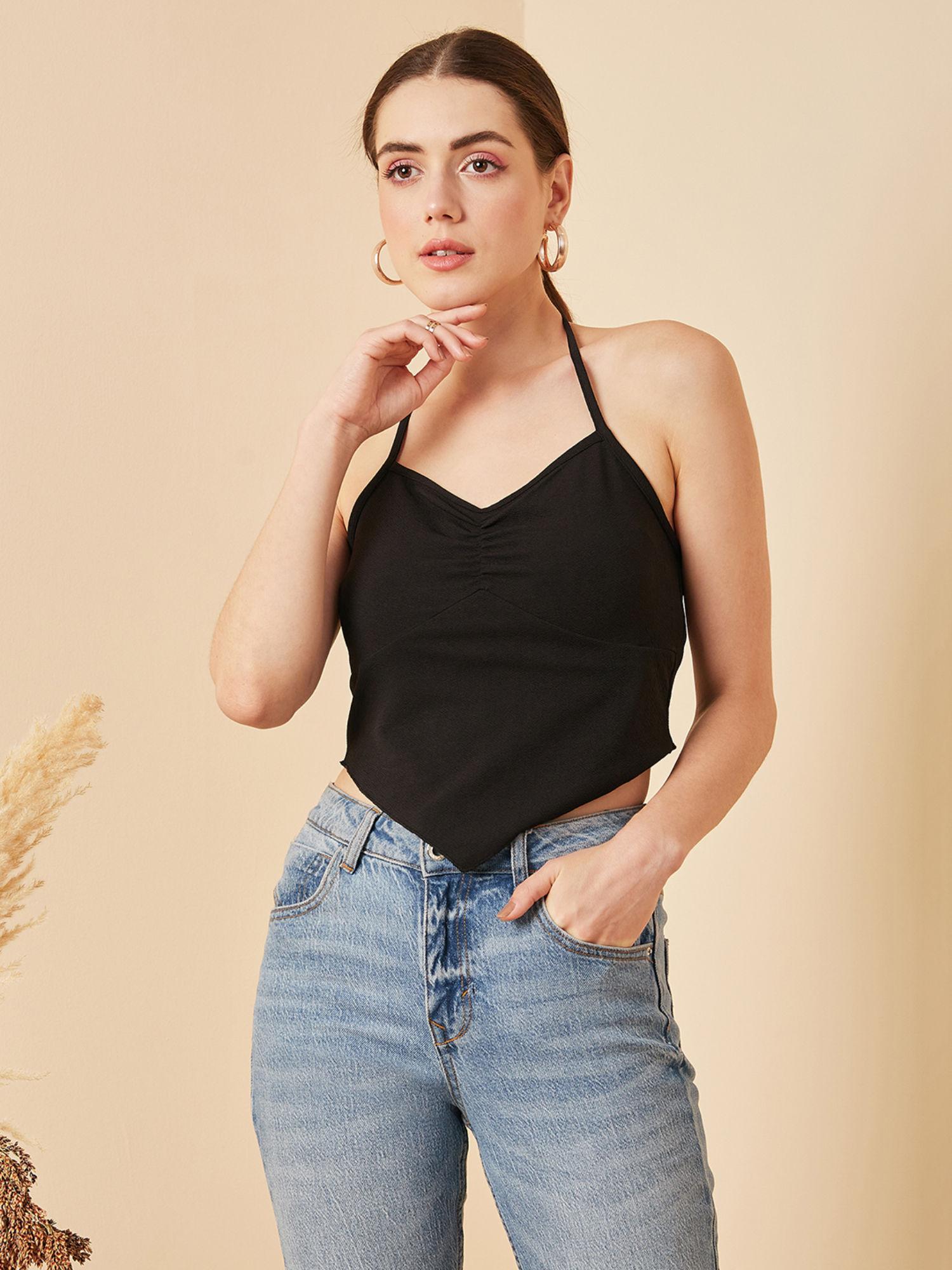 women casual black halter neck solid fitted top
