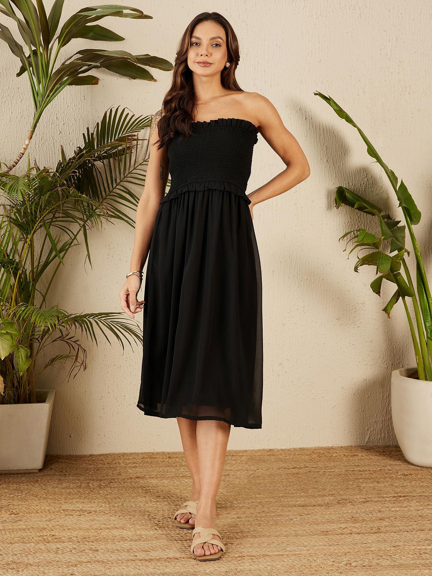 women casual black midi solid dress