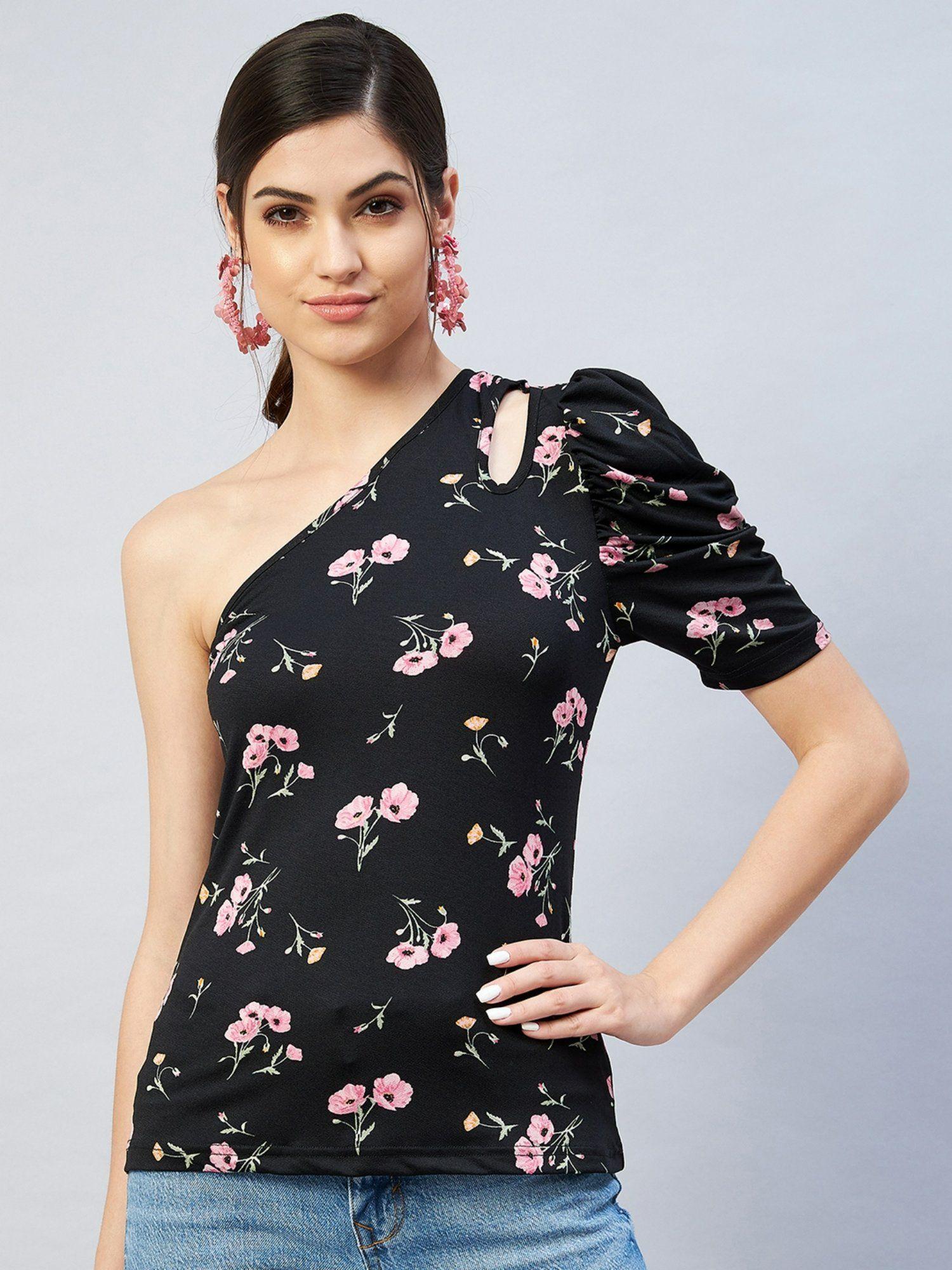 women casual black print colour one shoulder floral regular top