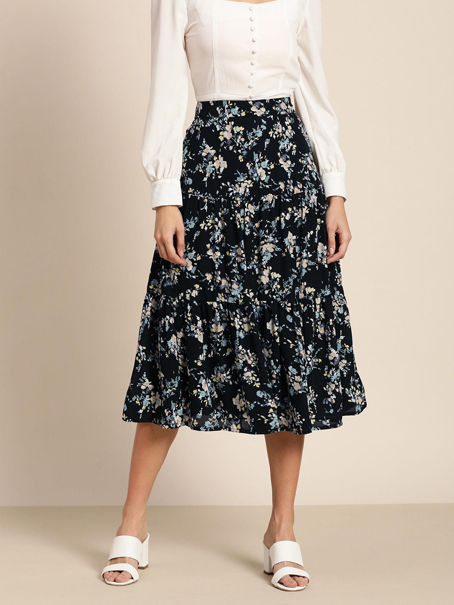 women casual black printed midi skirt