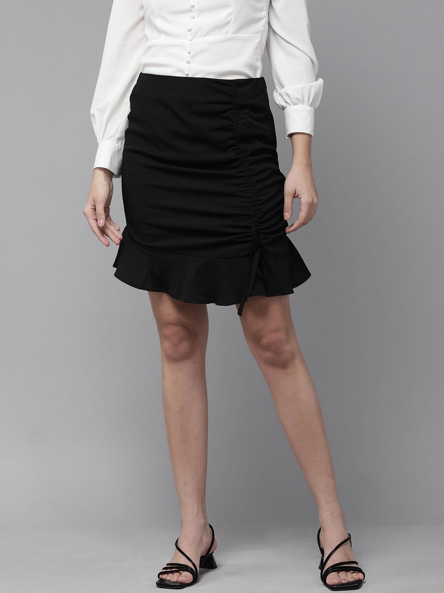 women casual black solid knee length skirt