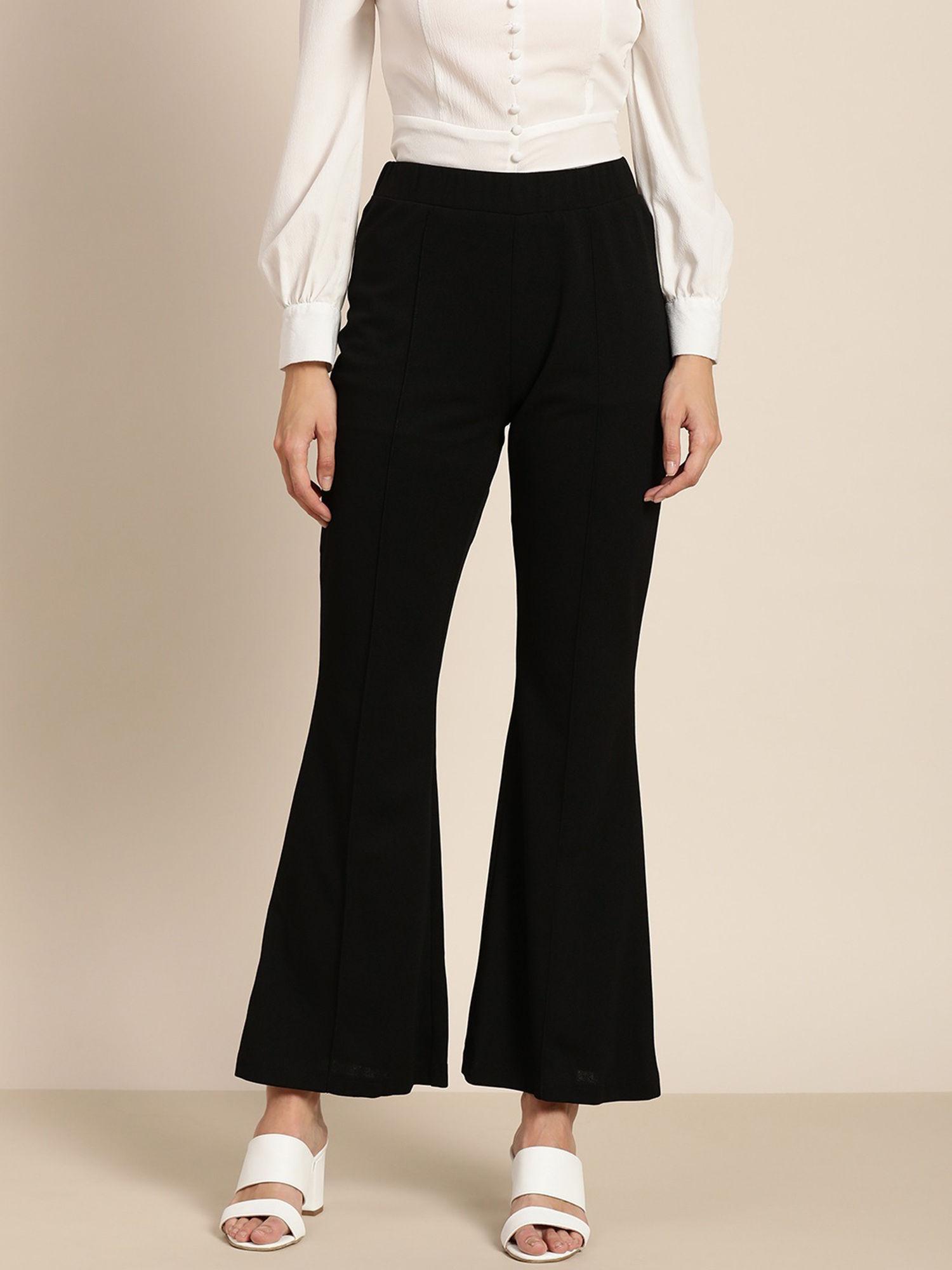 women casual black solid regular trousers