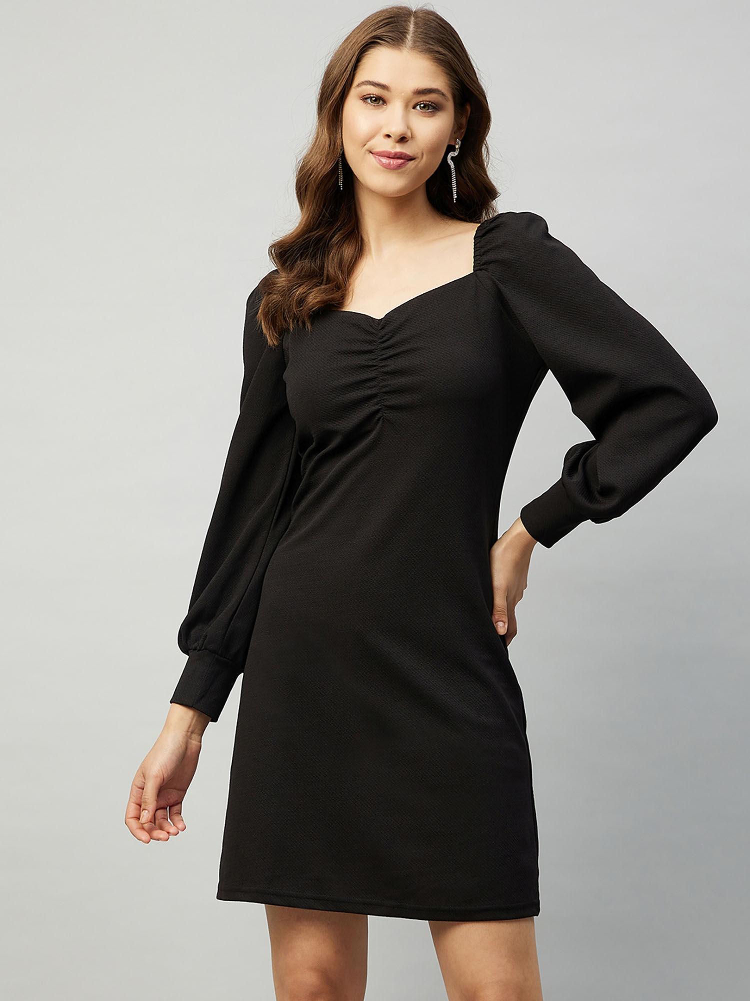 women casual black solid sweetheart neck above knee sheath dress