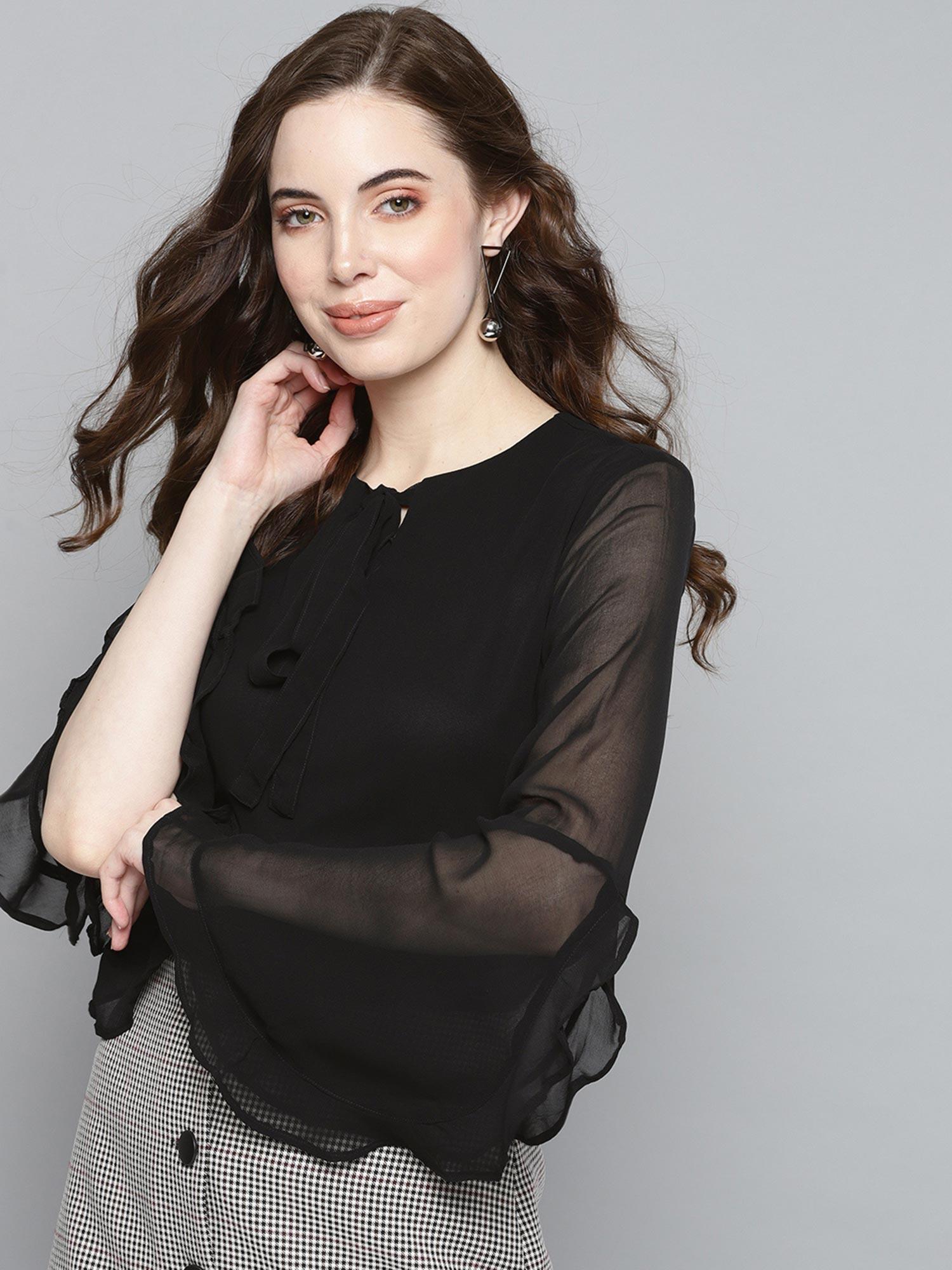 women casual black top with bell sleeves