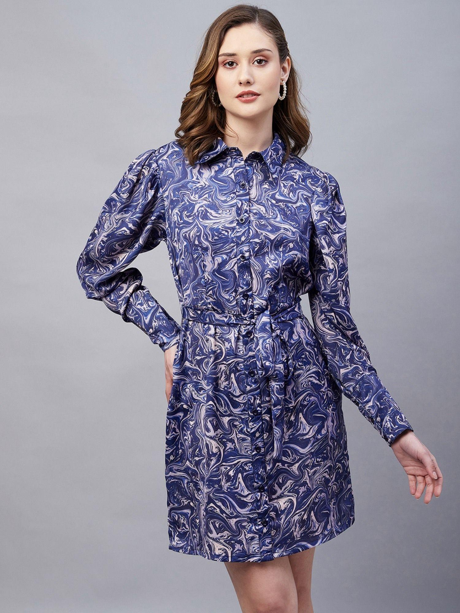 women casual blue color mini abstract dress