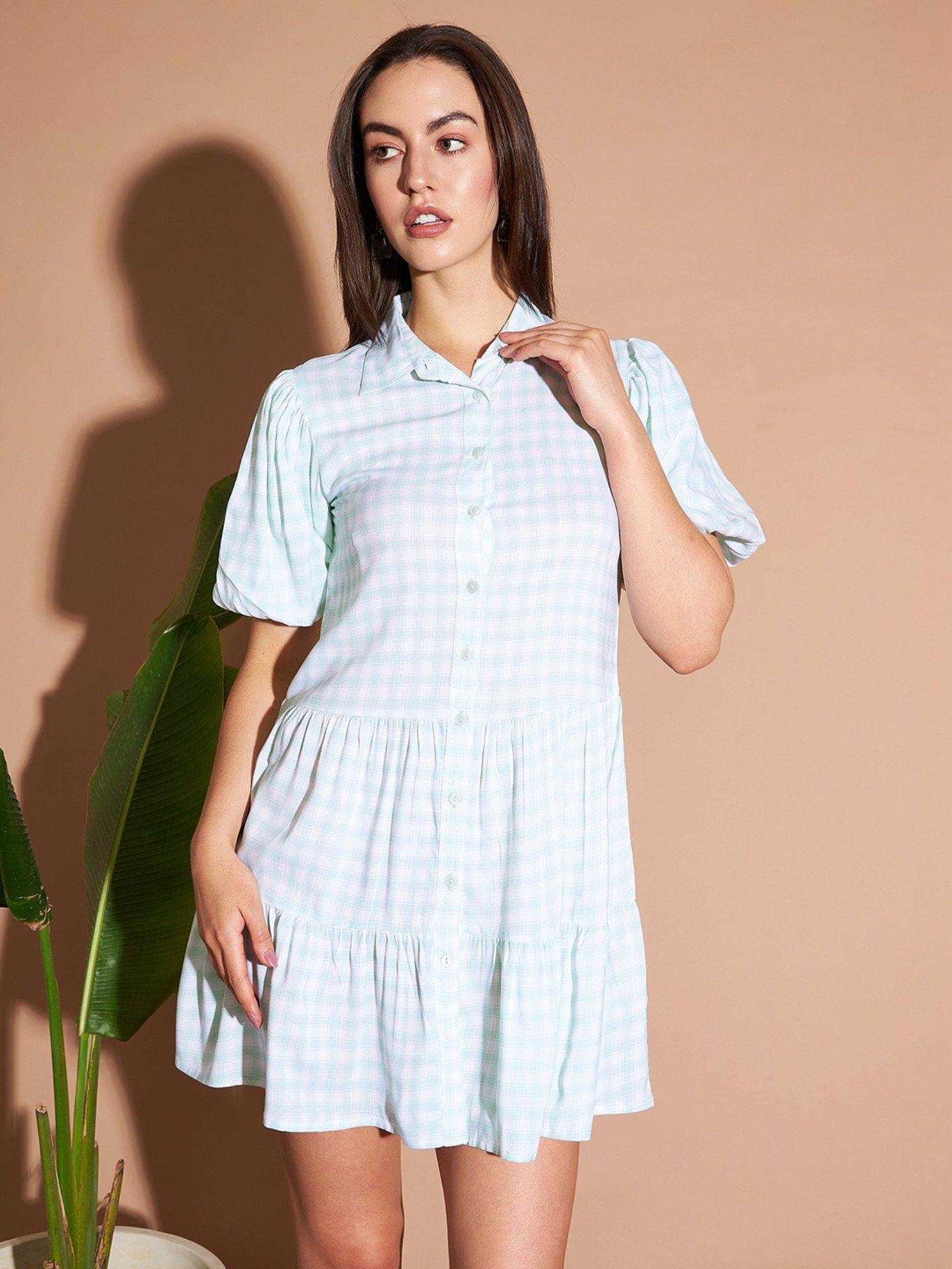 women casual blue color mini checkered dress