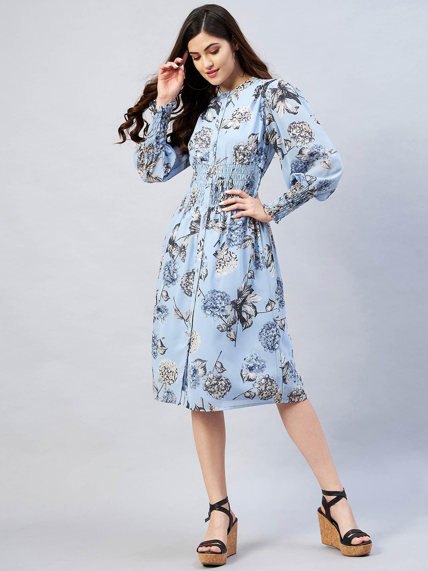 women casual blue colour knee length floral dress