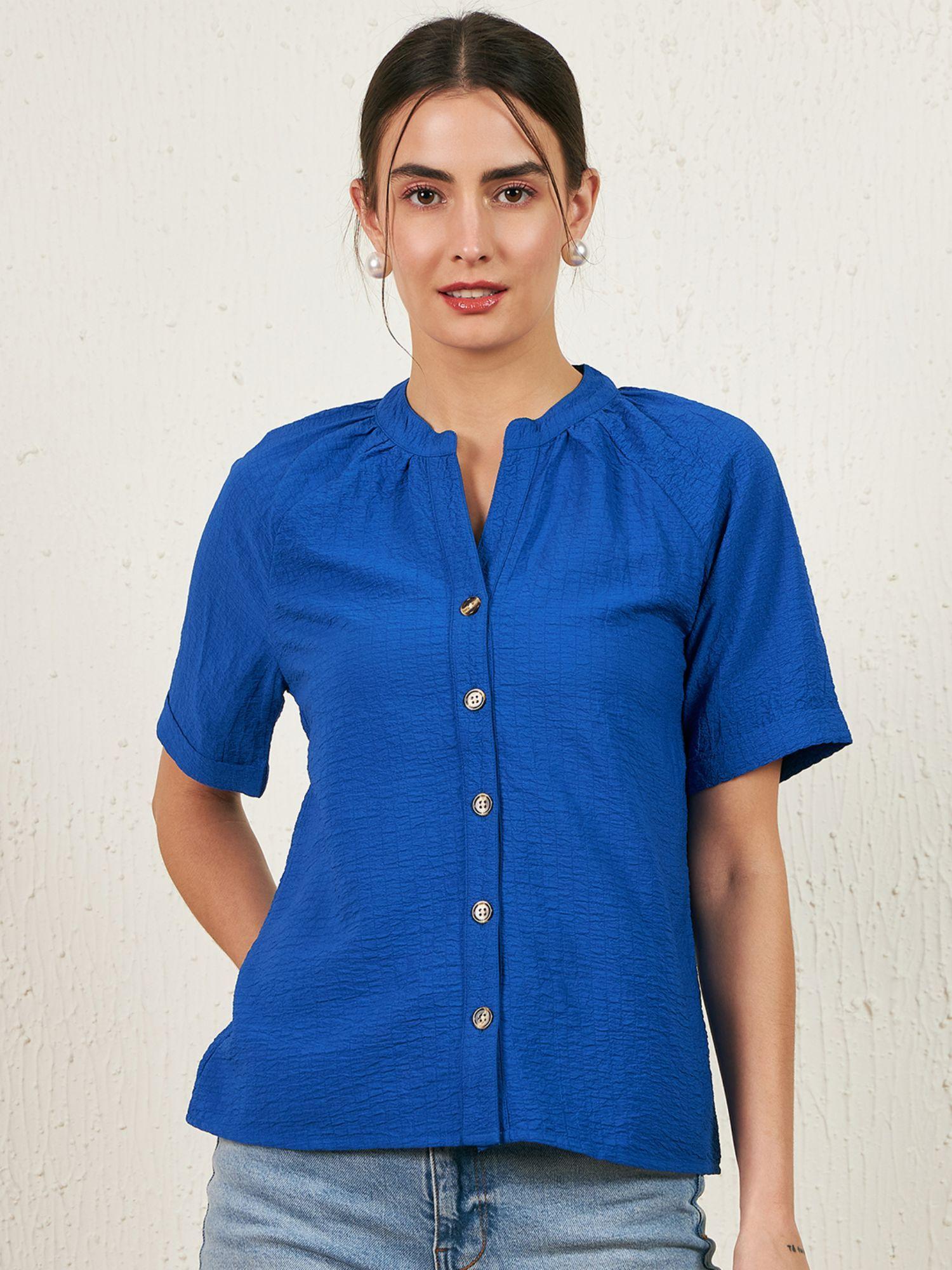 women casual blue colour mandarin collar self design regular top