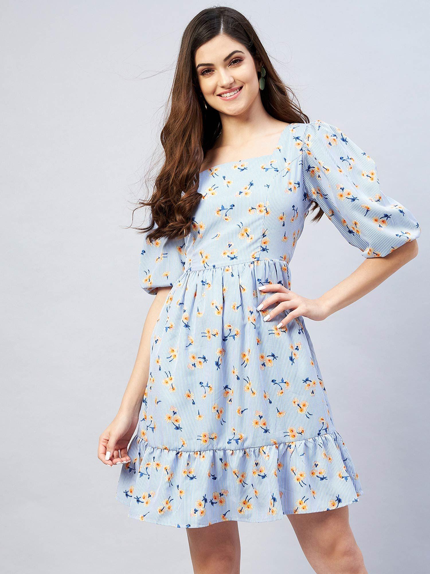 women casual blue colour mini floral dress