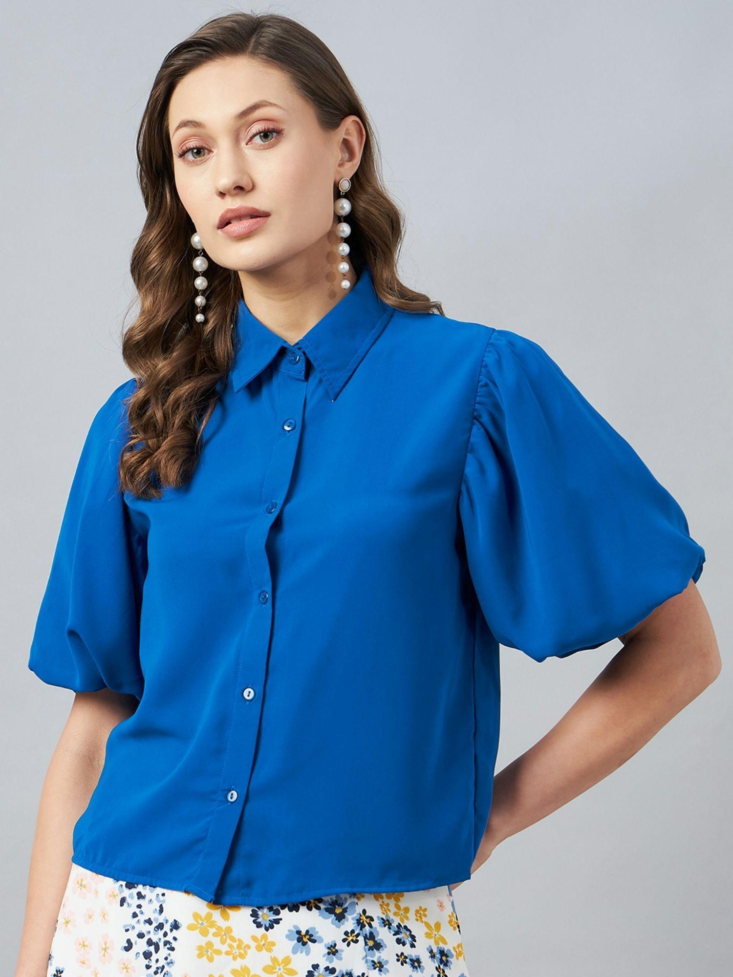 women casual blue colour shirt collar solid regular top