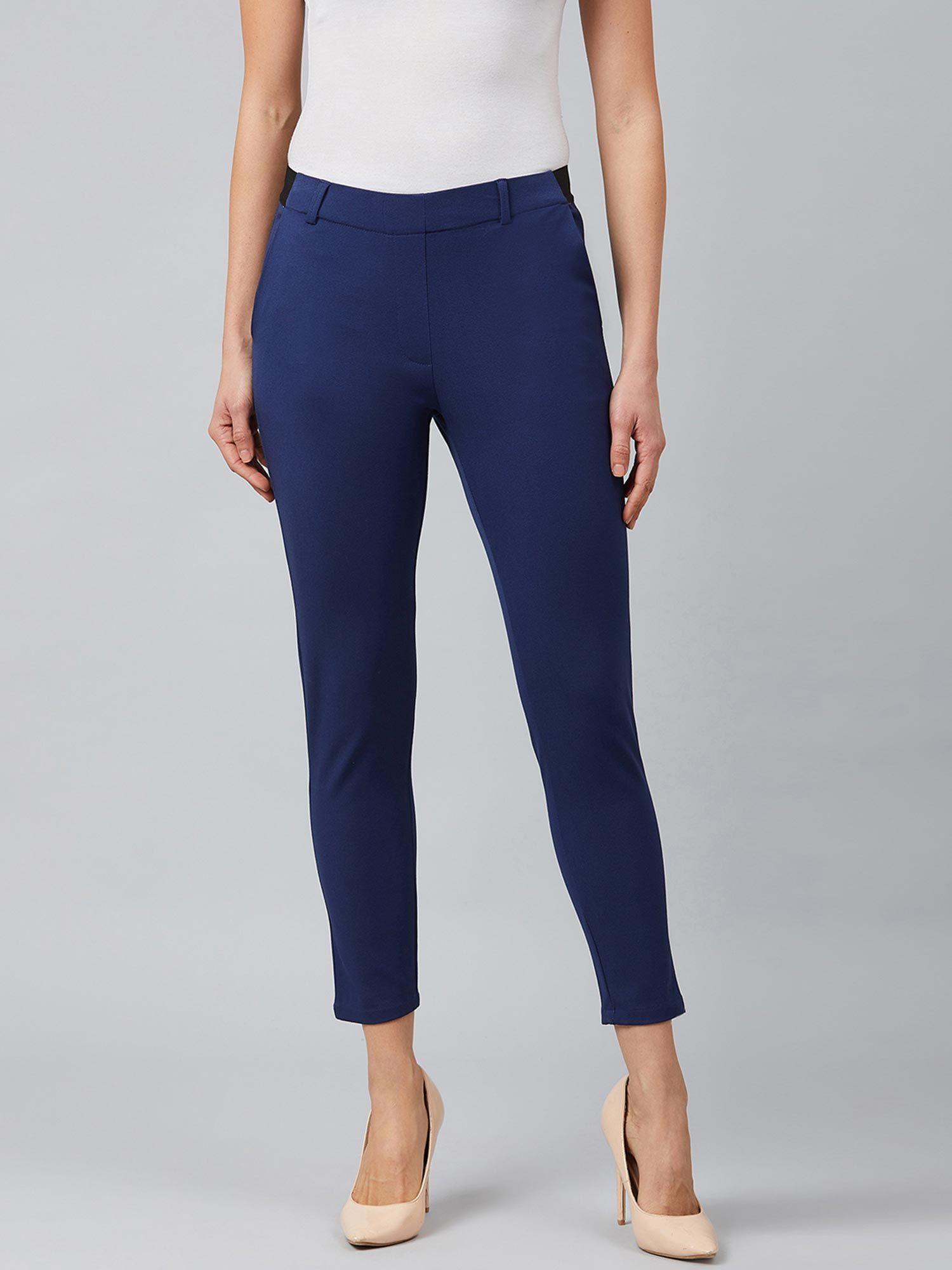 women casual blue colour solid regular trousers