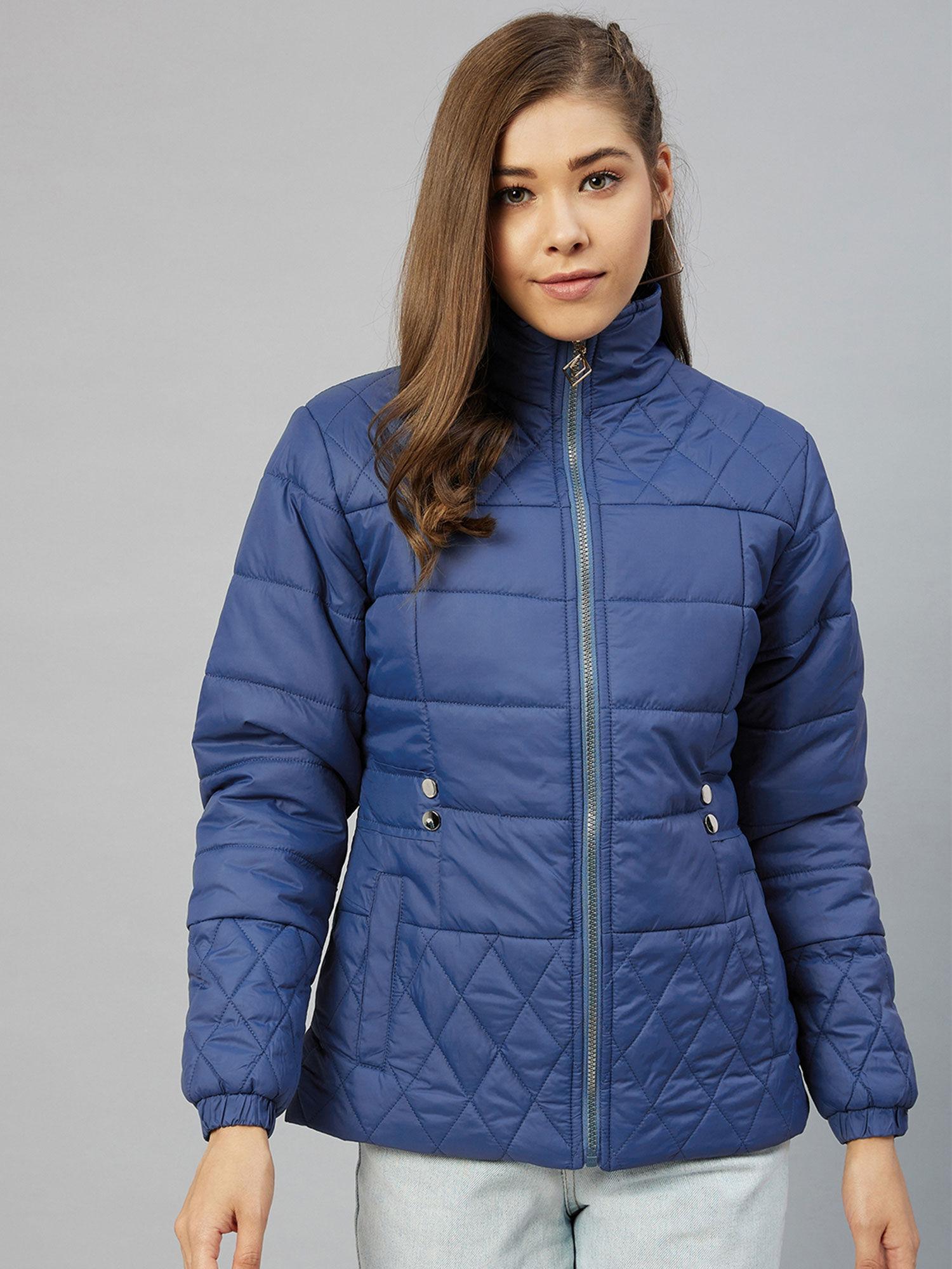 women casual blue mock collar solid padded jacket