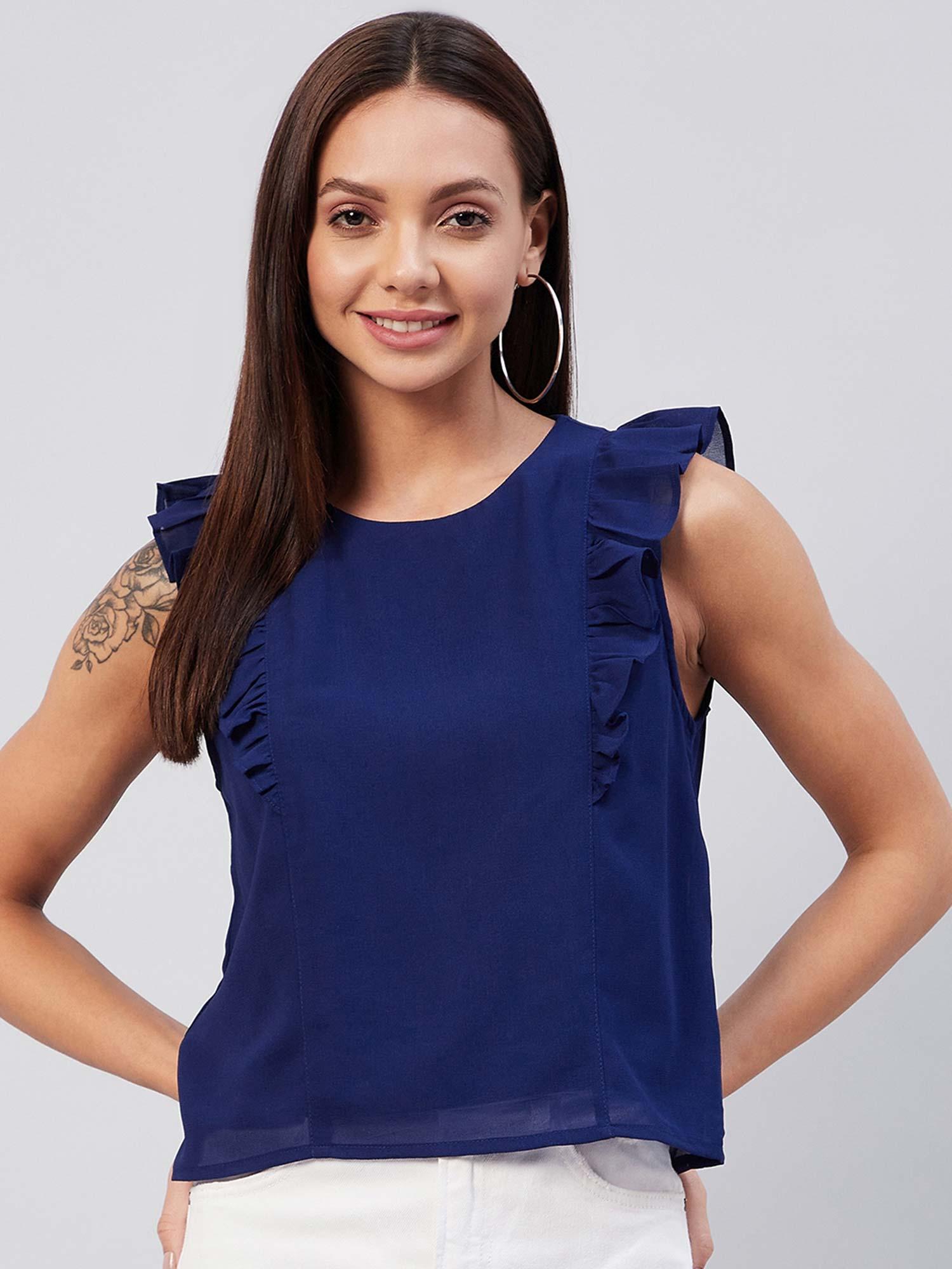 women casual blue ruffles georgette top