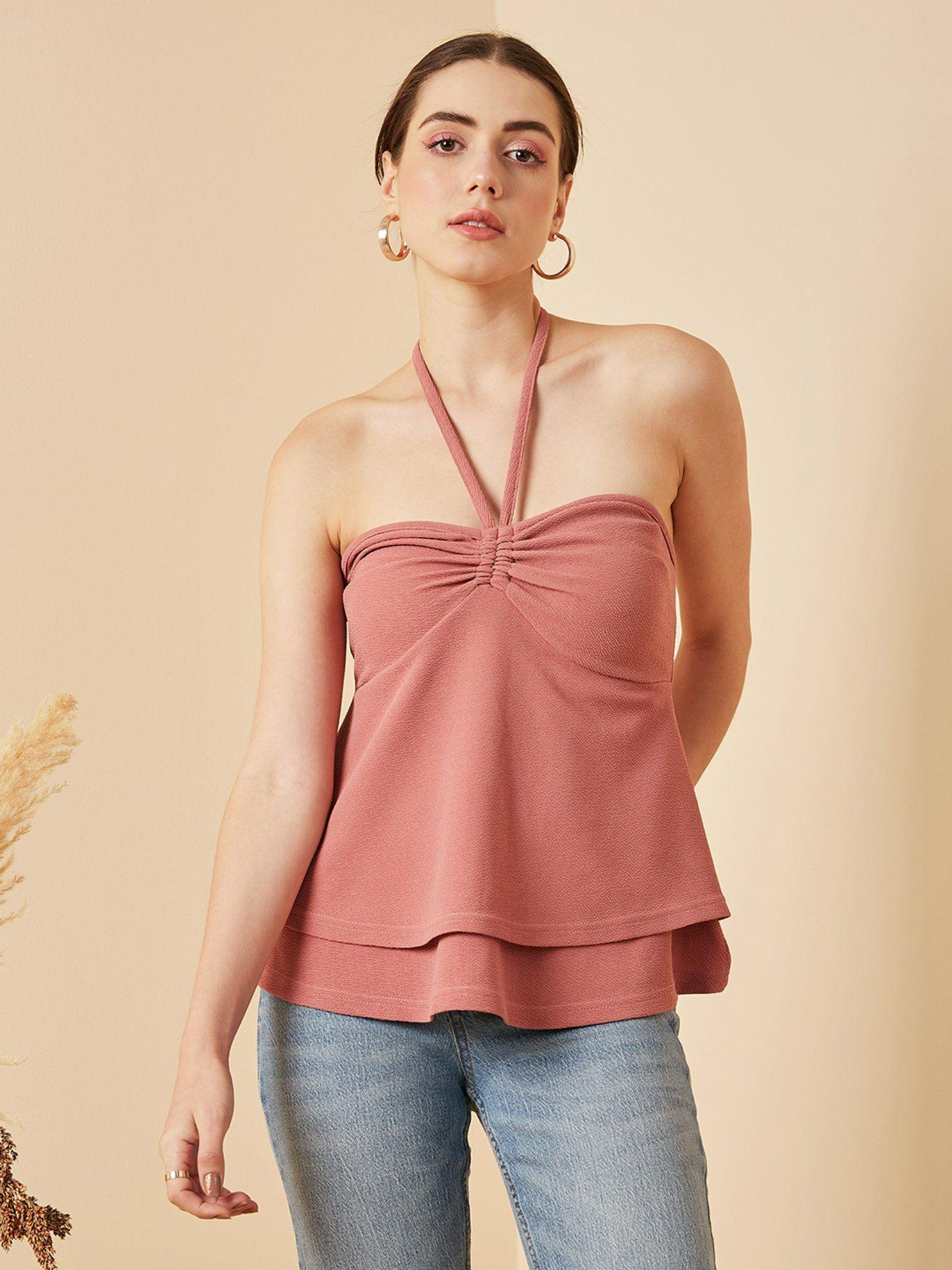 women casual dusty pink colour halter neck solid tube top