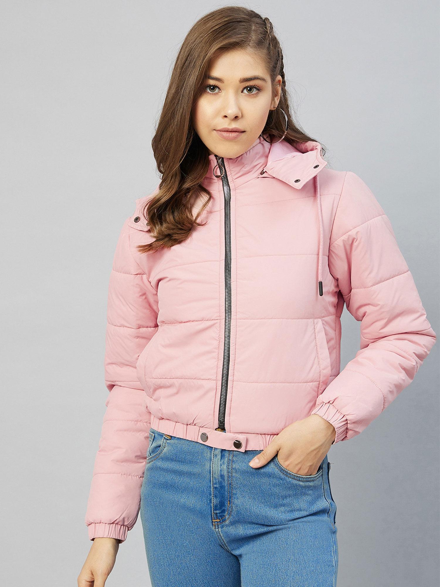 women casual dusty pink hooded solid padded jacket