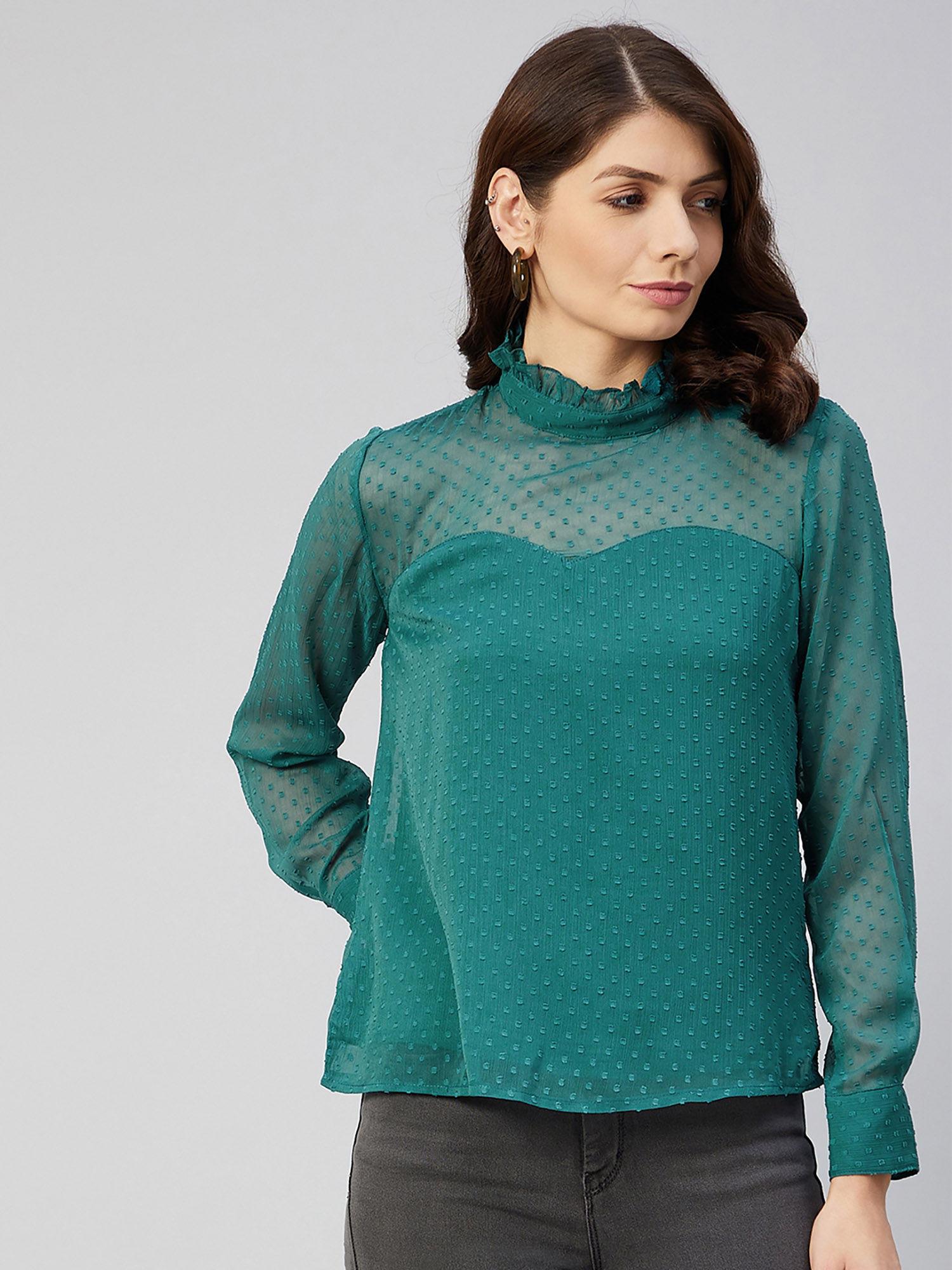 women casual green colour high neck self design regular top