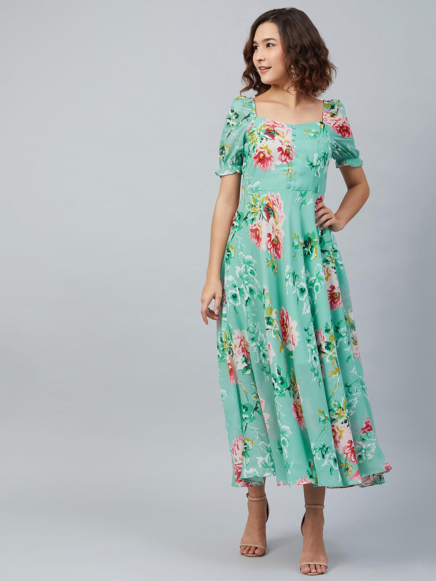 women casual green colour maxi floral dress