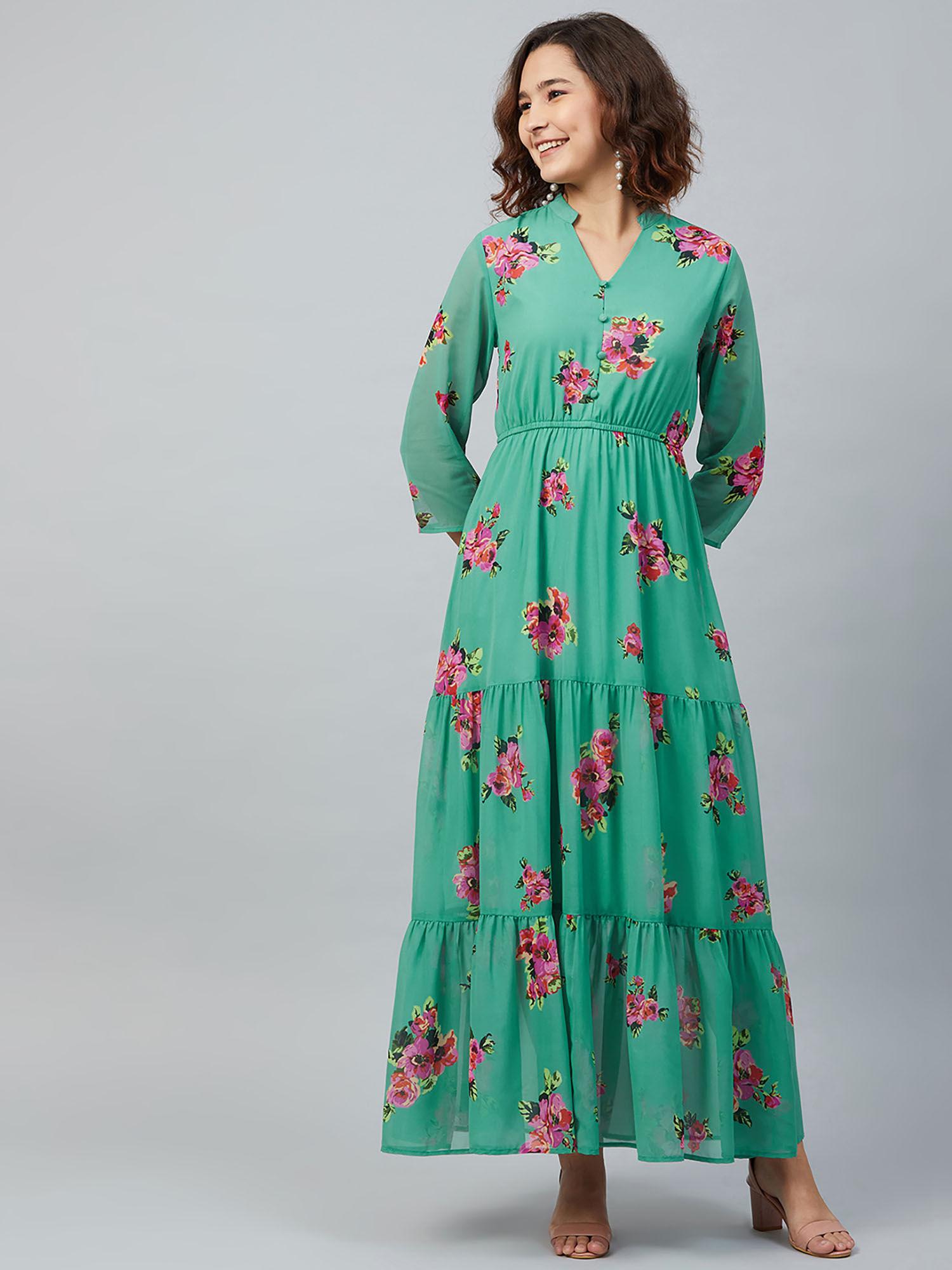 women casual green colour maxi floral dress
