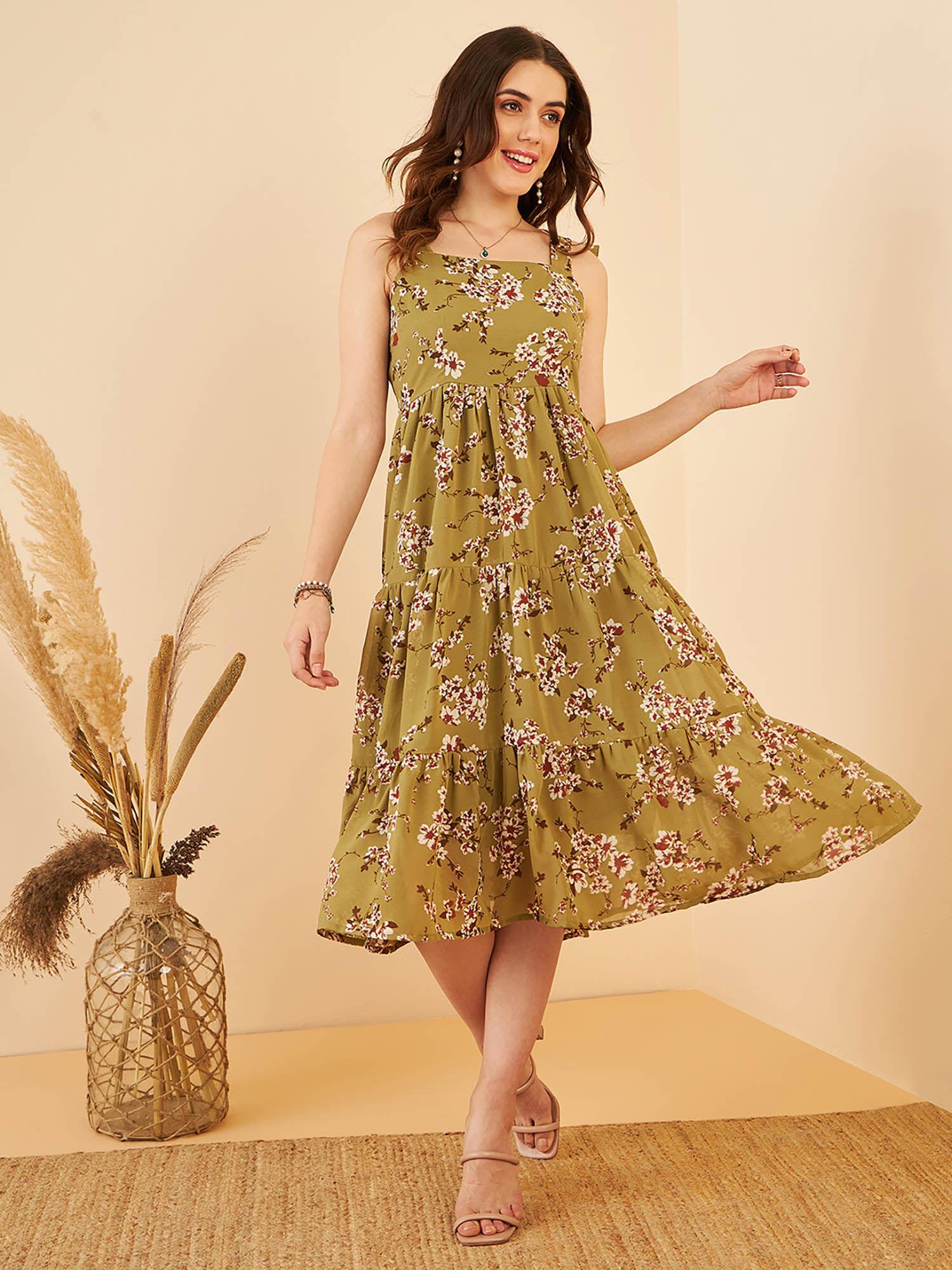 women casual green colour midi floral dress