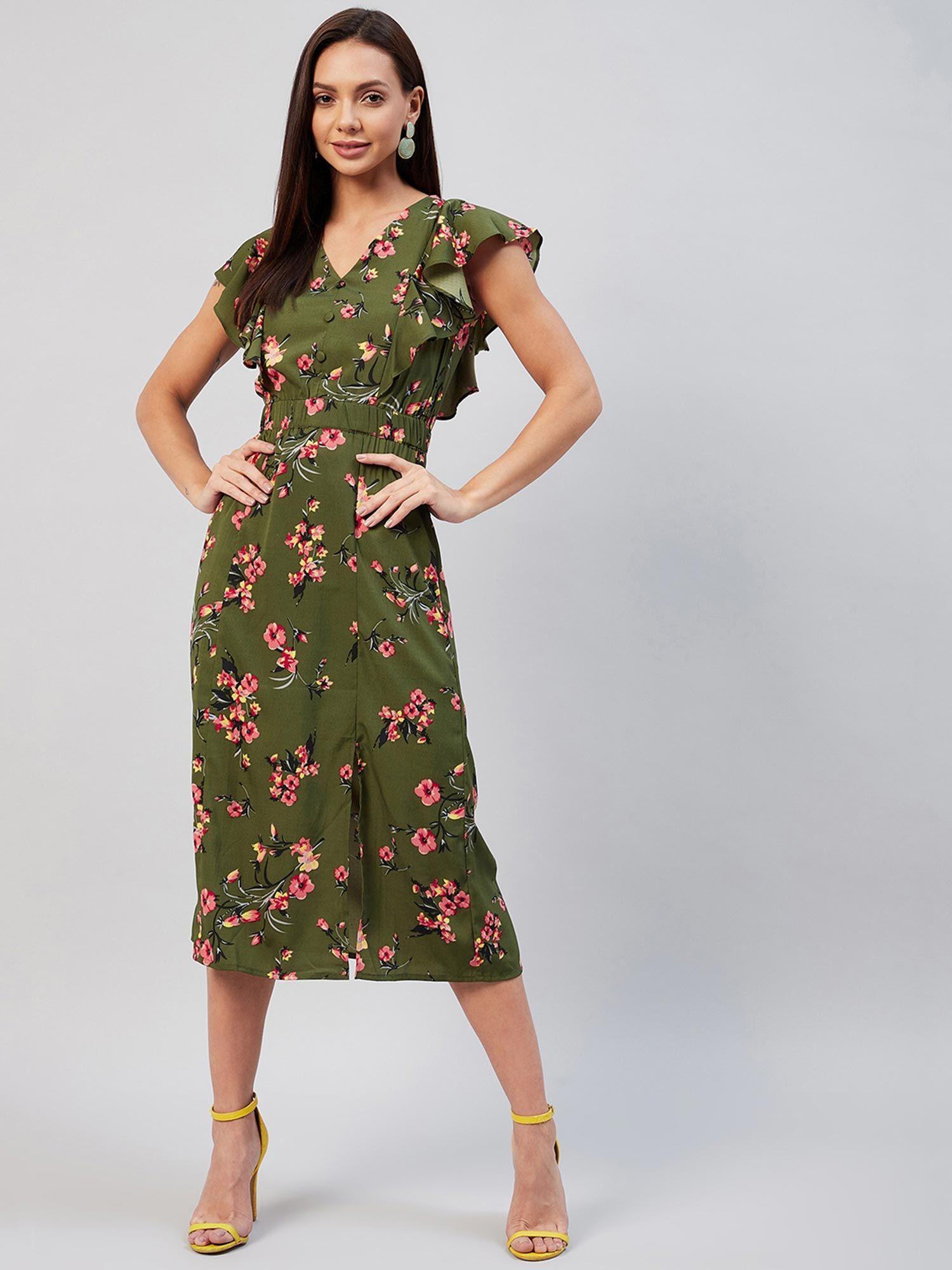 women casual green colour midi floral dress