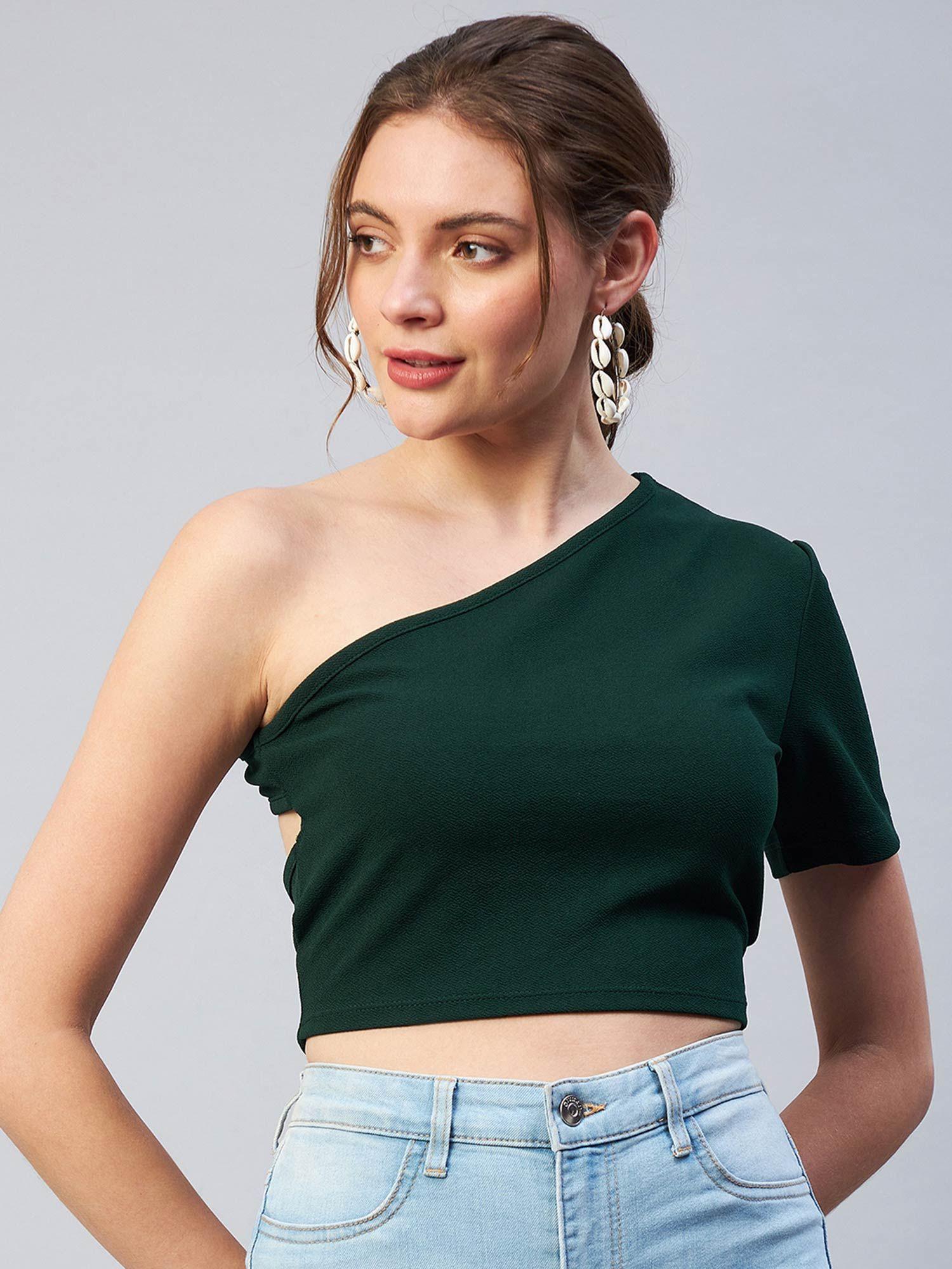 women casual green colour one shoulder solid fitted top