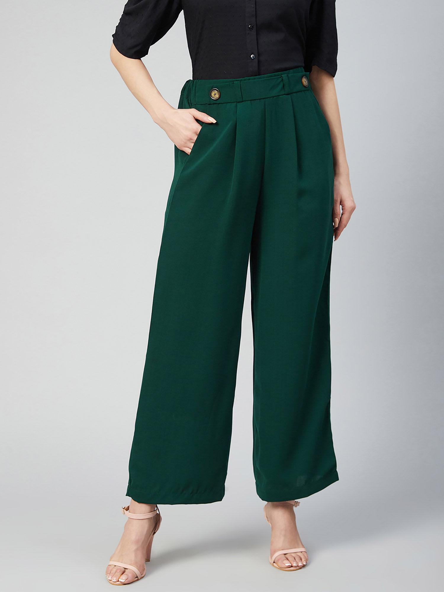 women casual green colour solid regular trousers