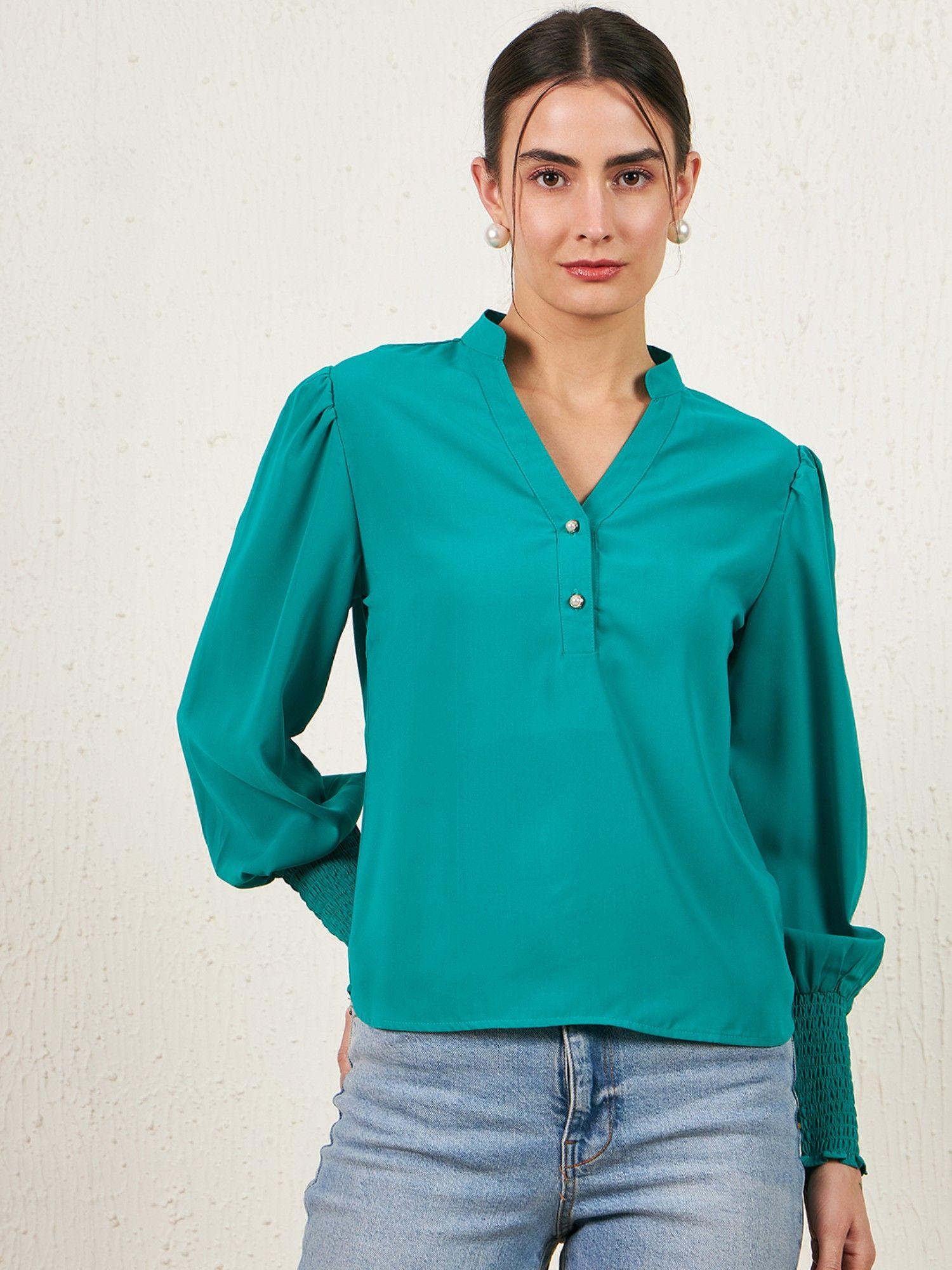 women casual green colour v-neck solid regular top