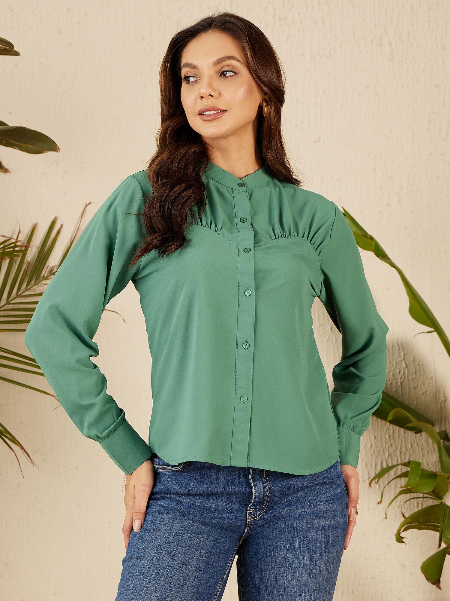 women casual green mandarin collar solid shirt