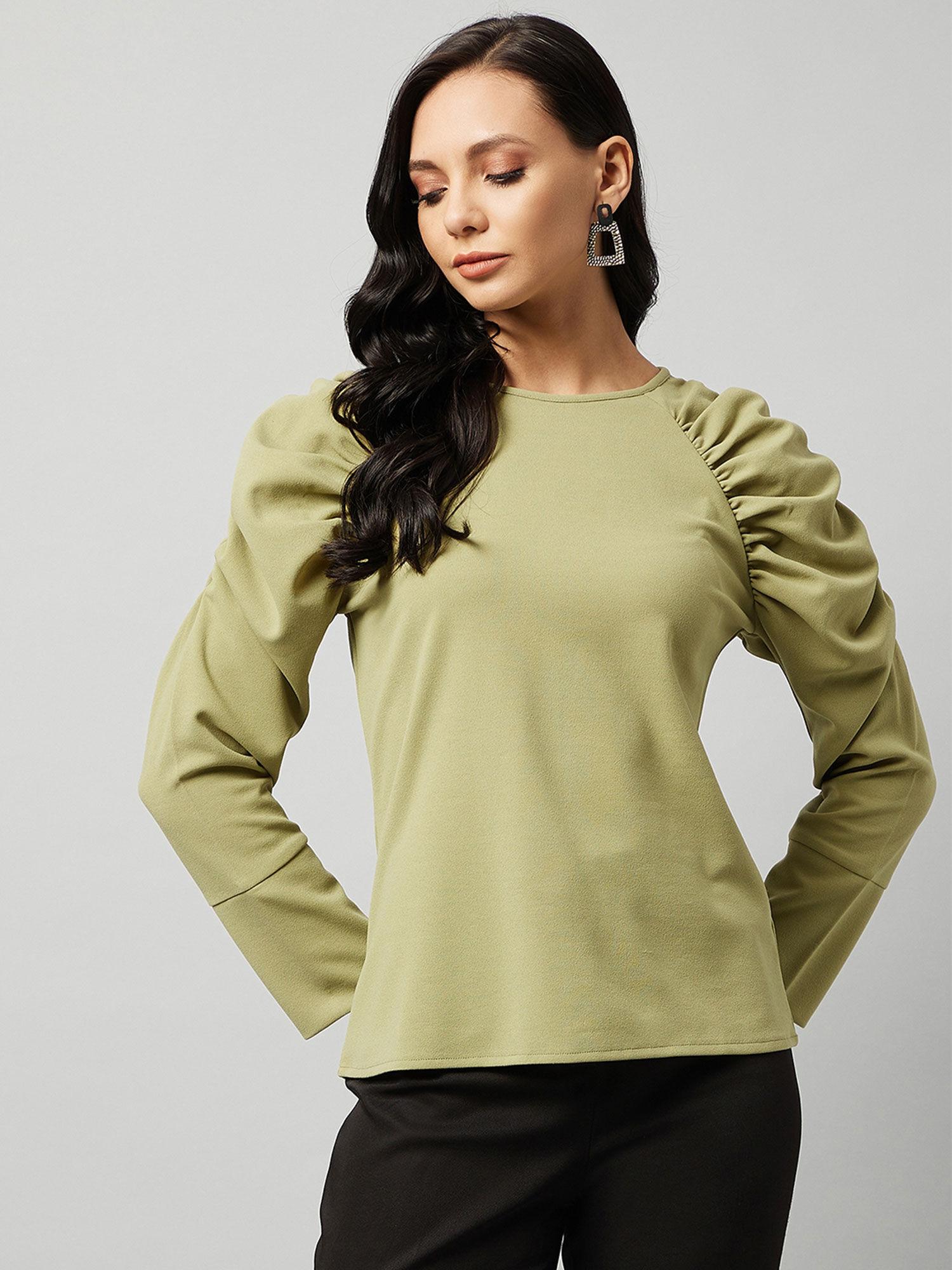 women casual green round neck long sleeves solid regular top