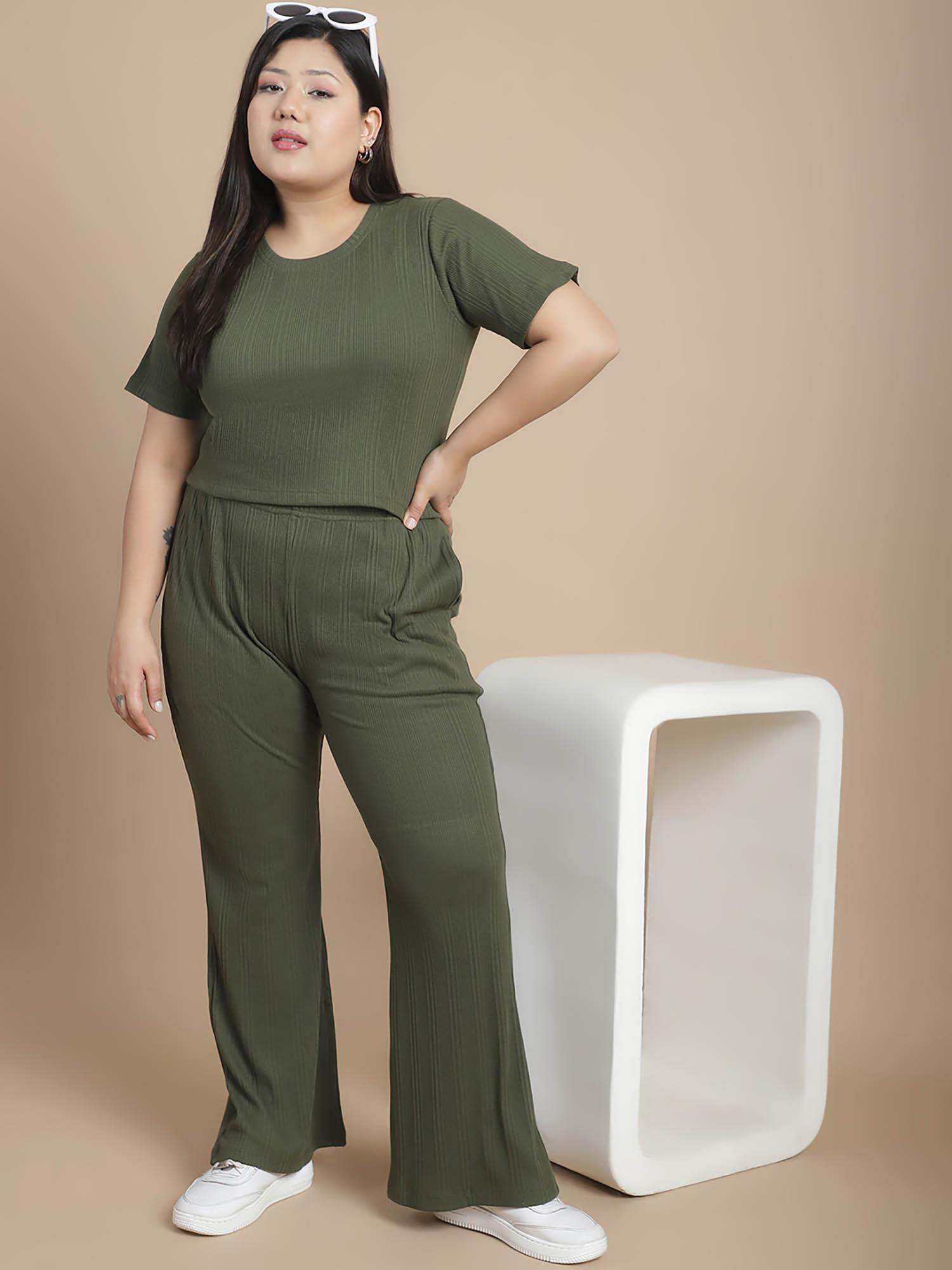 women casual green solid co-ord (set of 2)