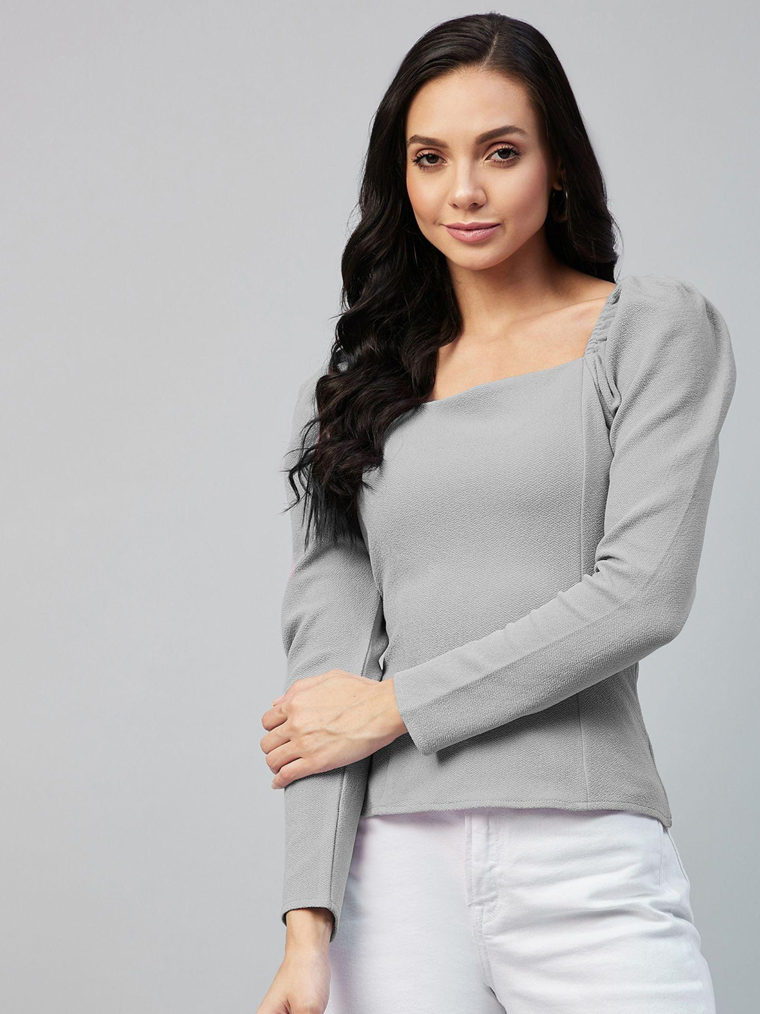 women casual grey colour square neck solid regular top