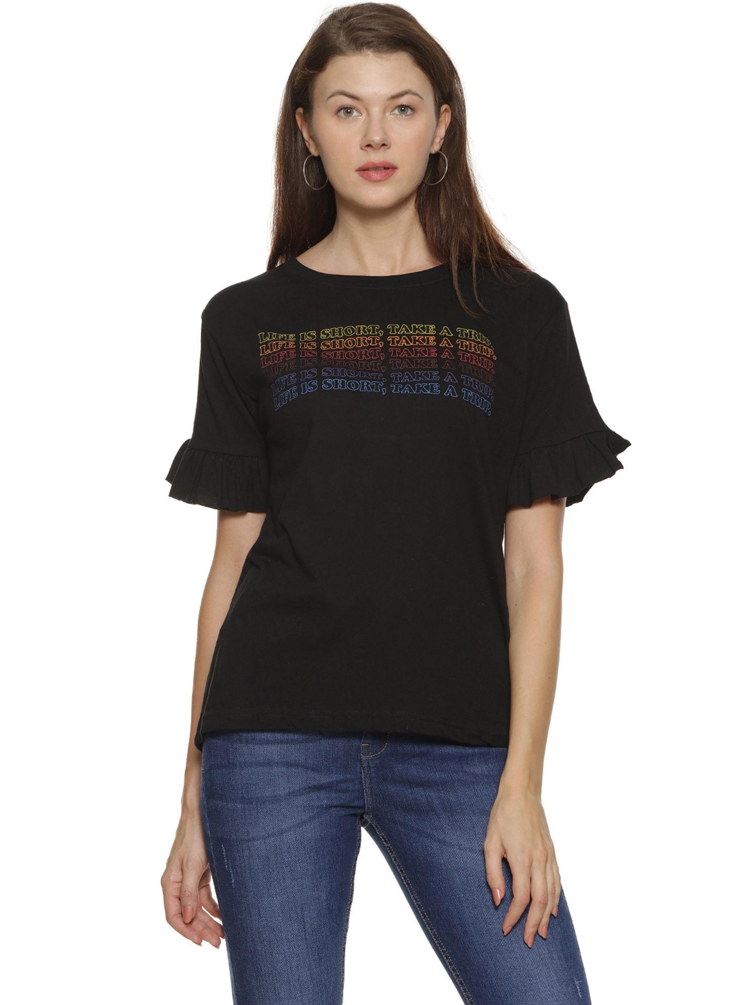 women casual half sleeve printed black top