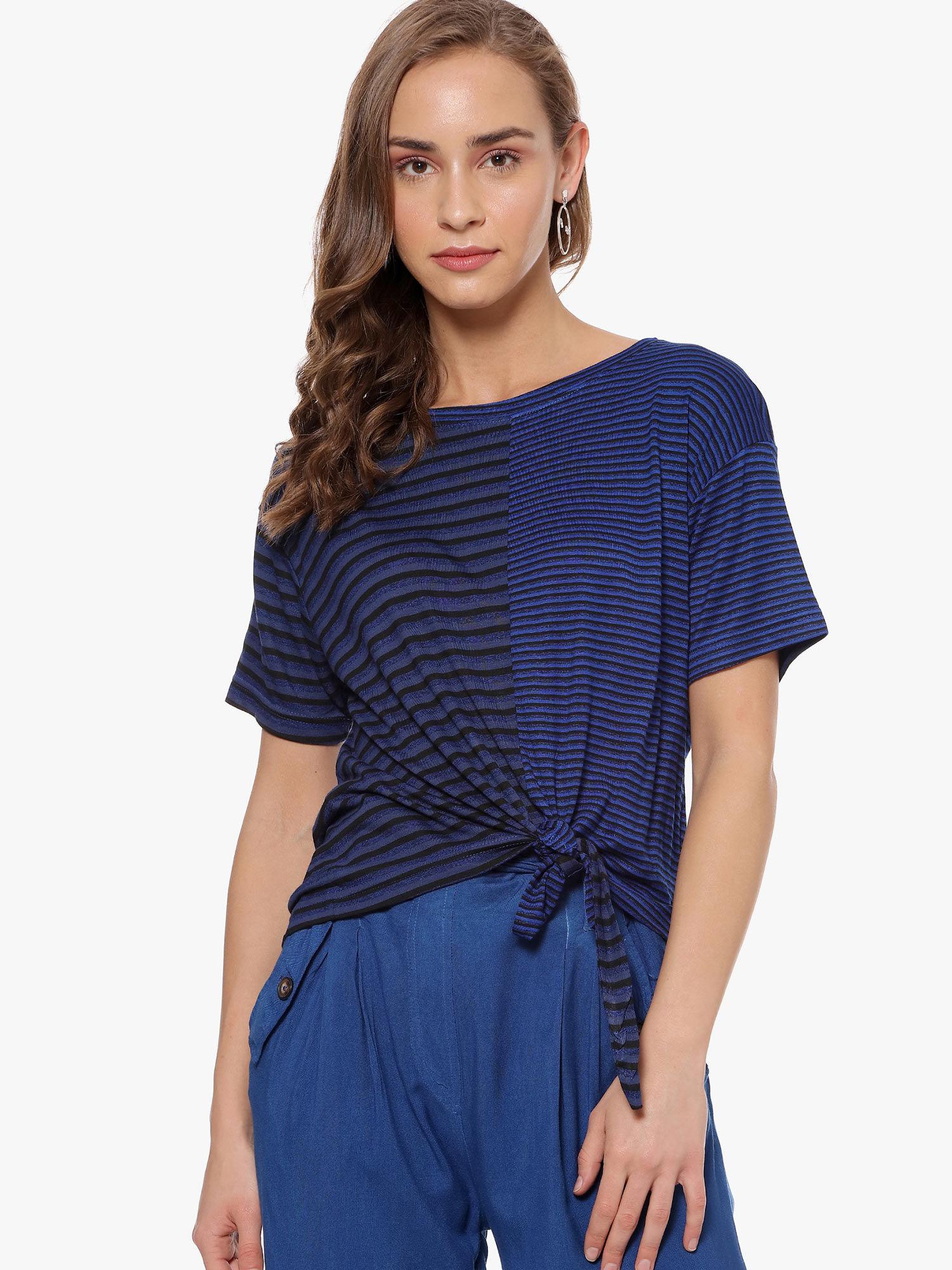 women casual half sleeve striped dark blue top