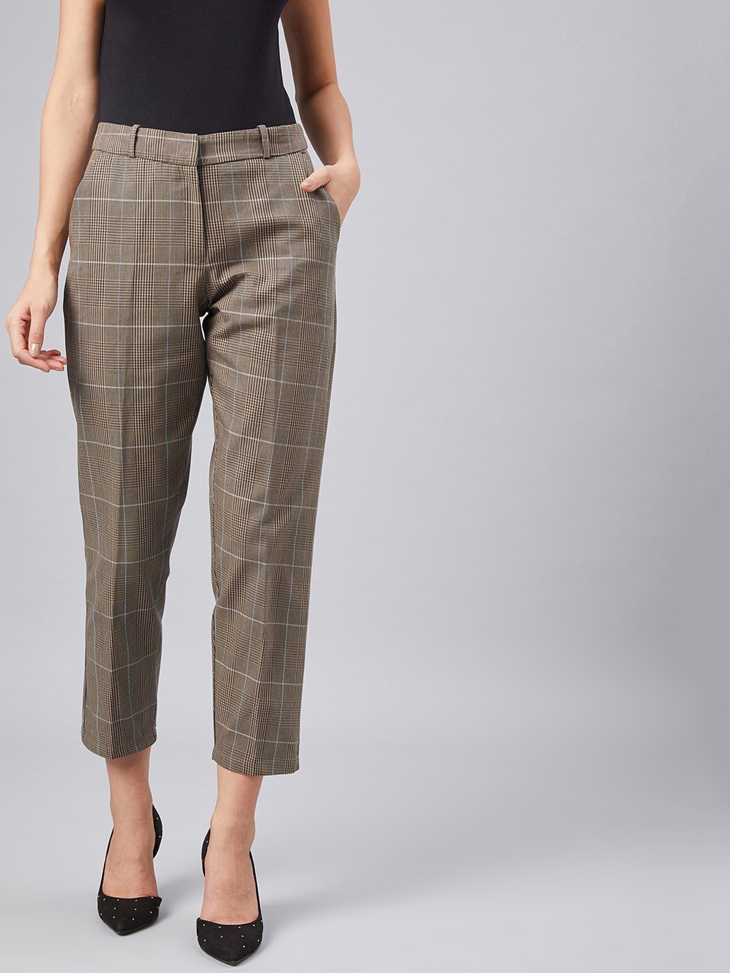 women casual khaki colour checked regular trousers