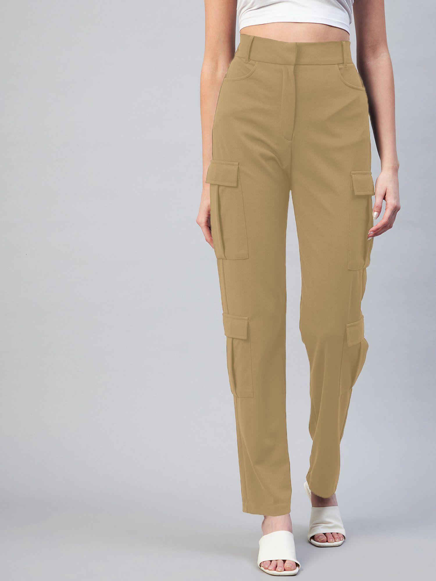 women casual khaki colour solid cargo trouser