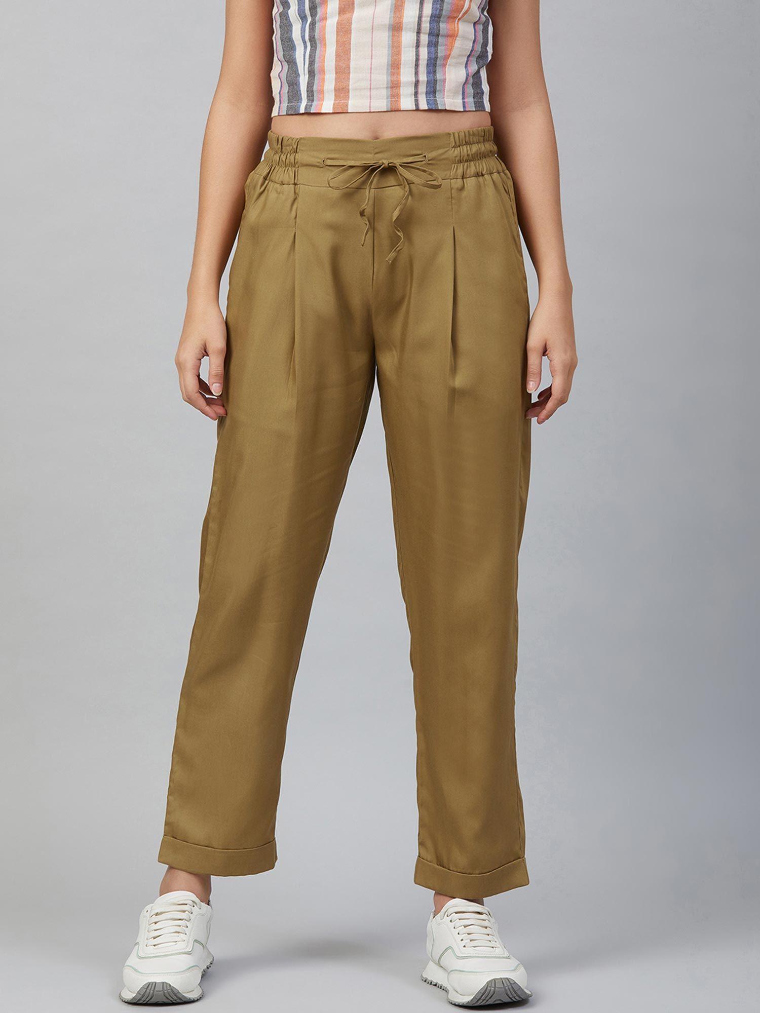 women casual khaki colour solid regular trousers