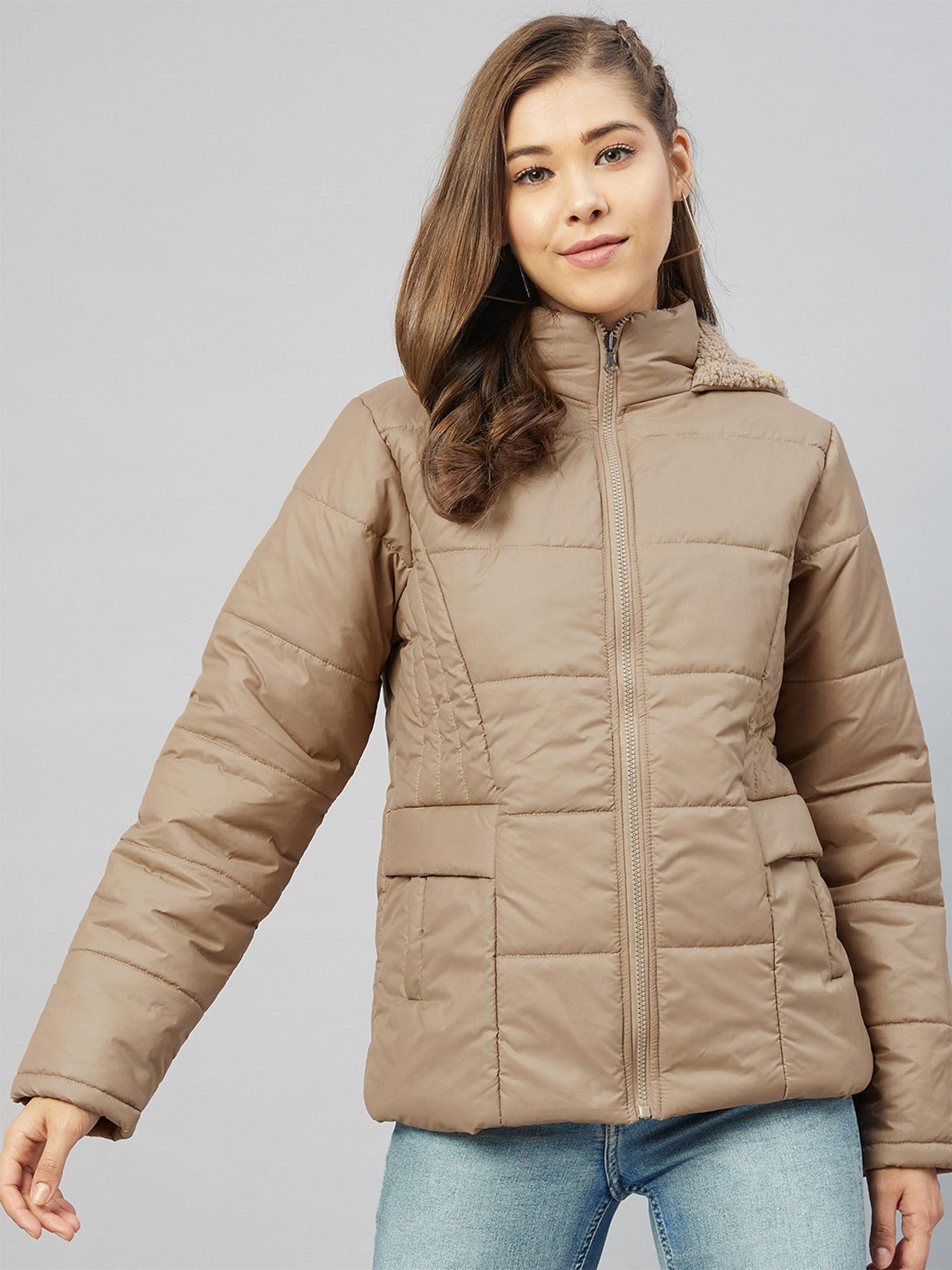 women casual khaki hooded solid padded jacket